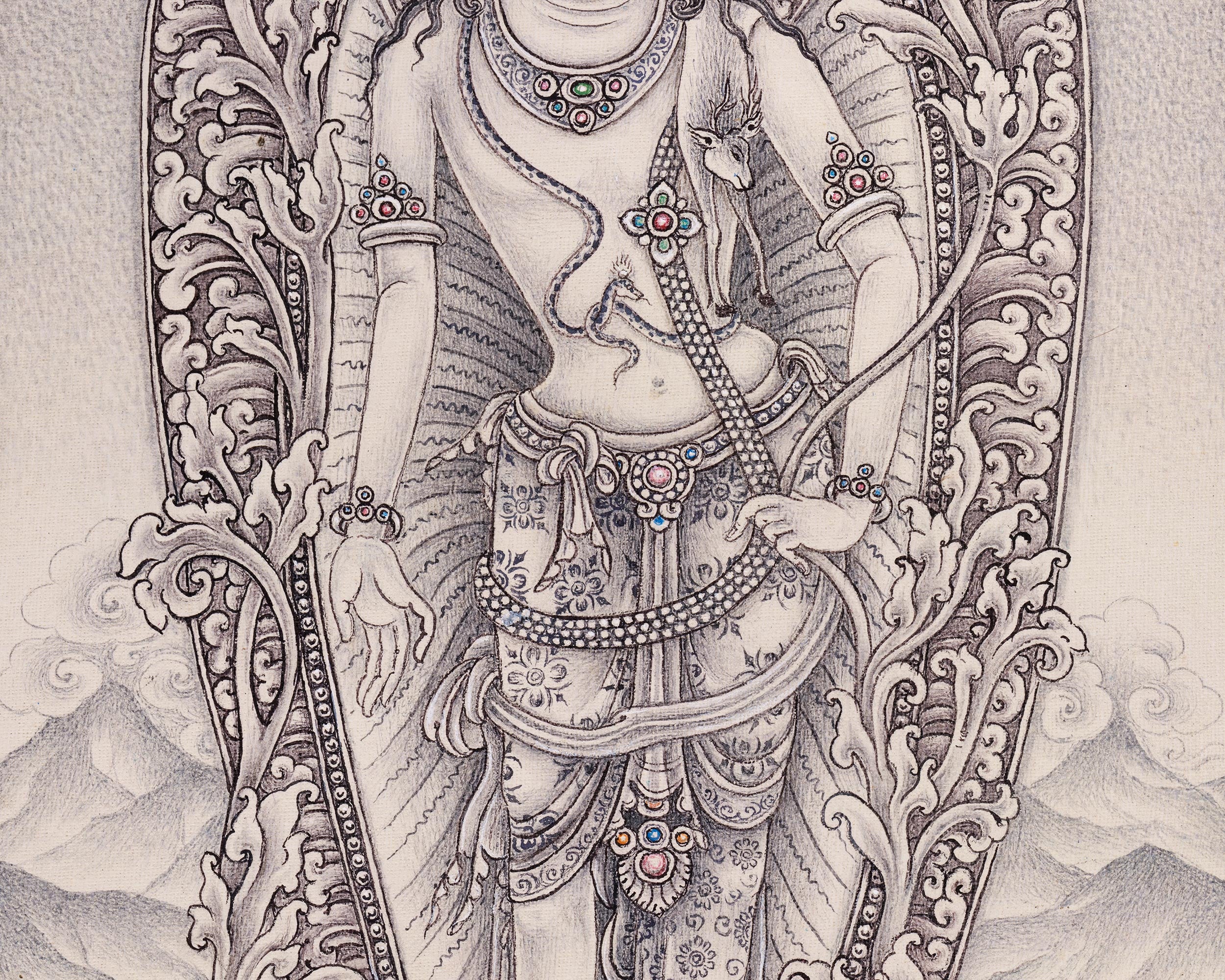 2-Armed Standing Chenrezig Thangka Print | Newari Buddhist Art | High-Quality Giclee Canvas