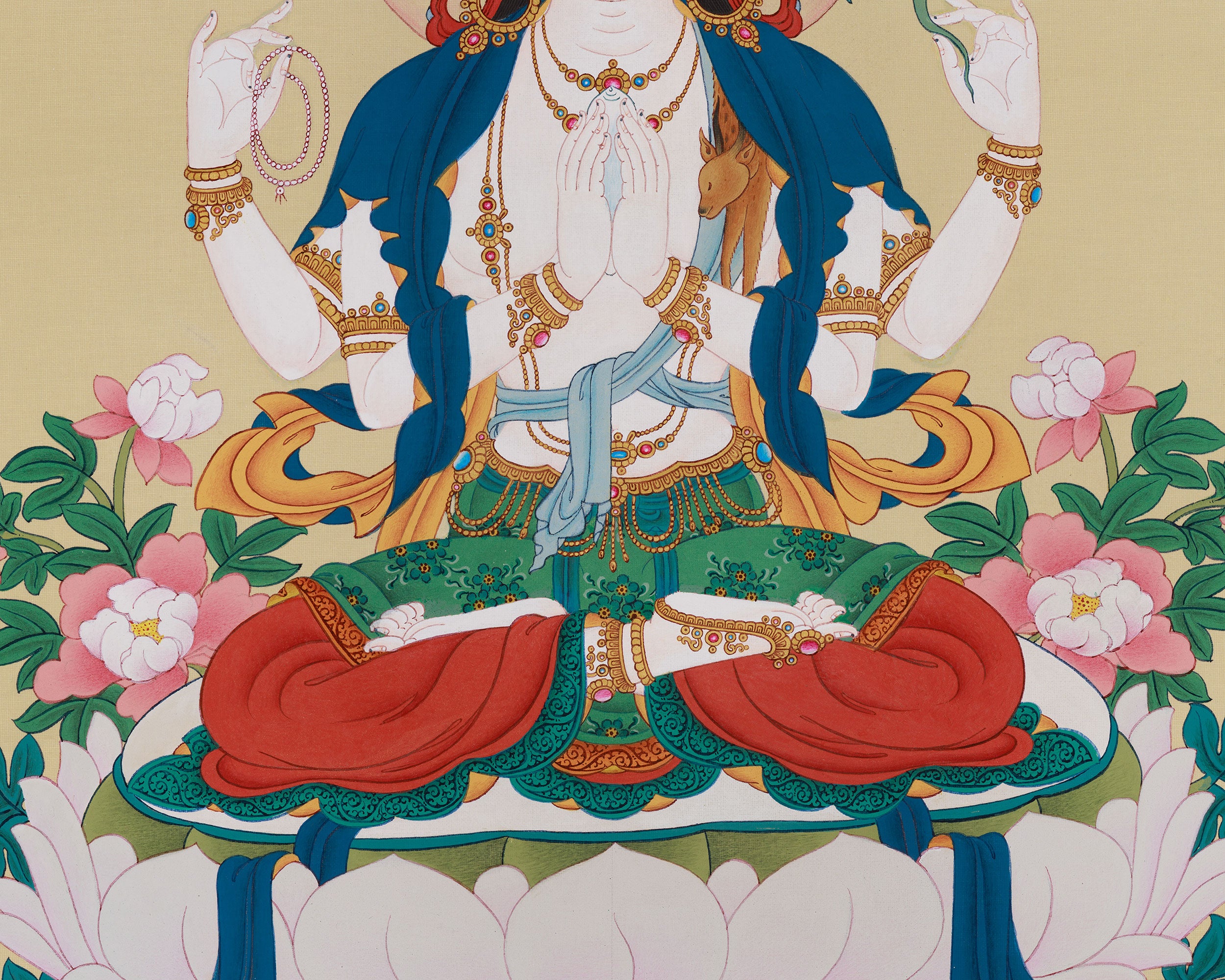 Spiritual Thangka Of Four-Armed Chenrezig | Avalokiteshvara Art | Meditation Altar