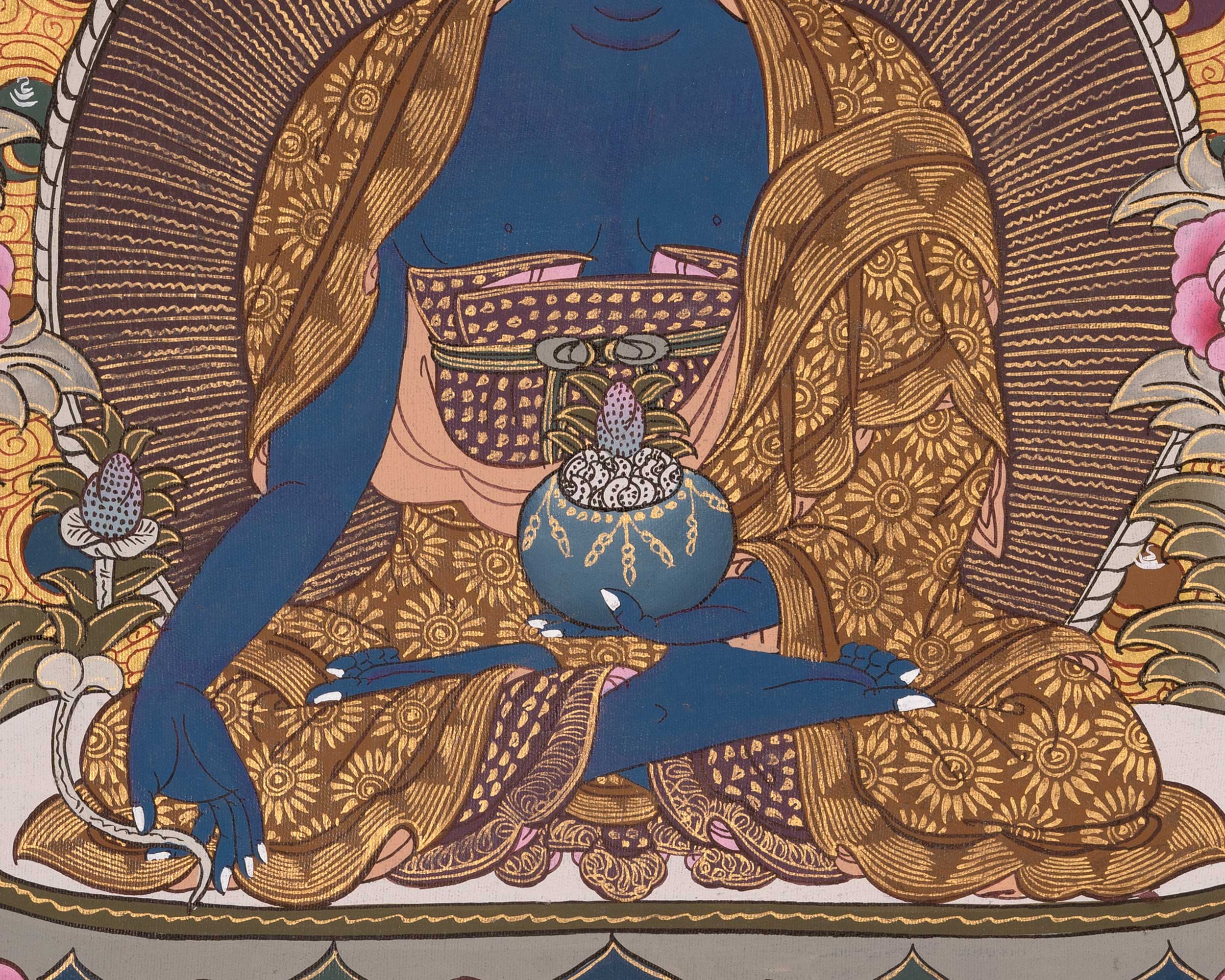 Original Hand-Painted Blue Medicine Buddha Thangka | Bhaisajyaguru Thanka Painting