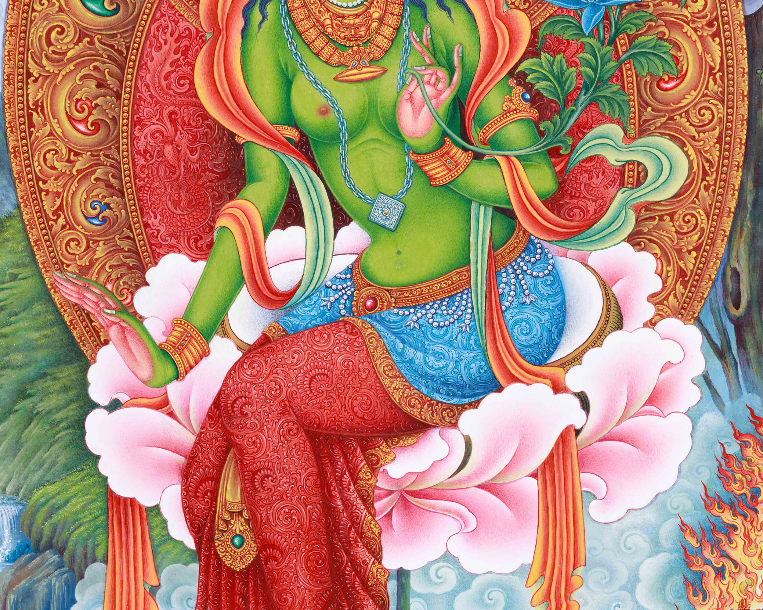 Green Tara Spiritual Thangka | Goddess of Healing | Hand-Painted Meditation Art