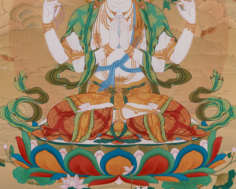 Sumptuous Compassionate Buddha Thangka - Four-Armed Chenresig with Lhasa Stone Enrichment