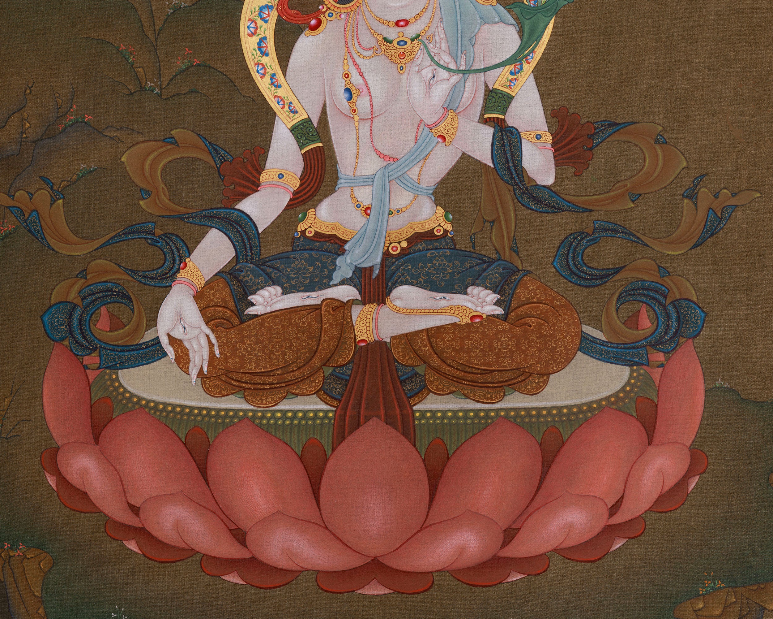 White Tara Featuring Amitayus and Namgyalma Thangka | Premium Hand-Painted Art