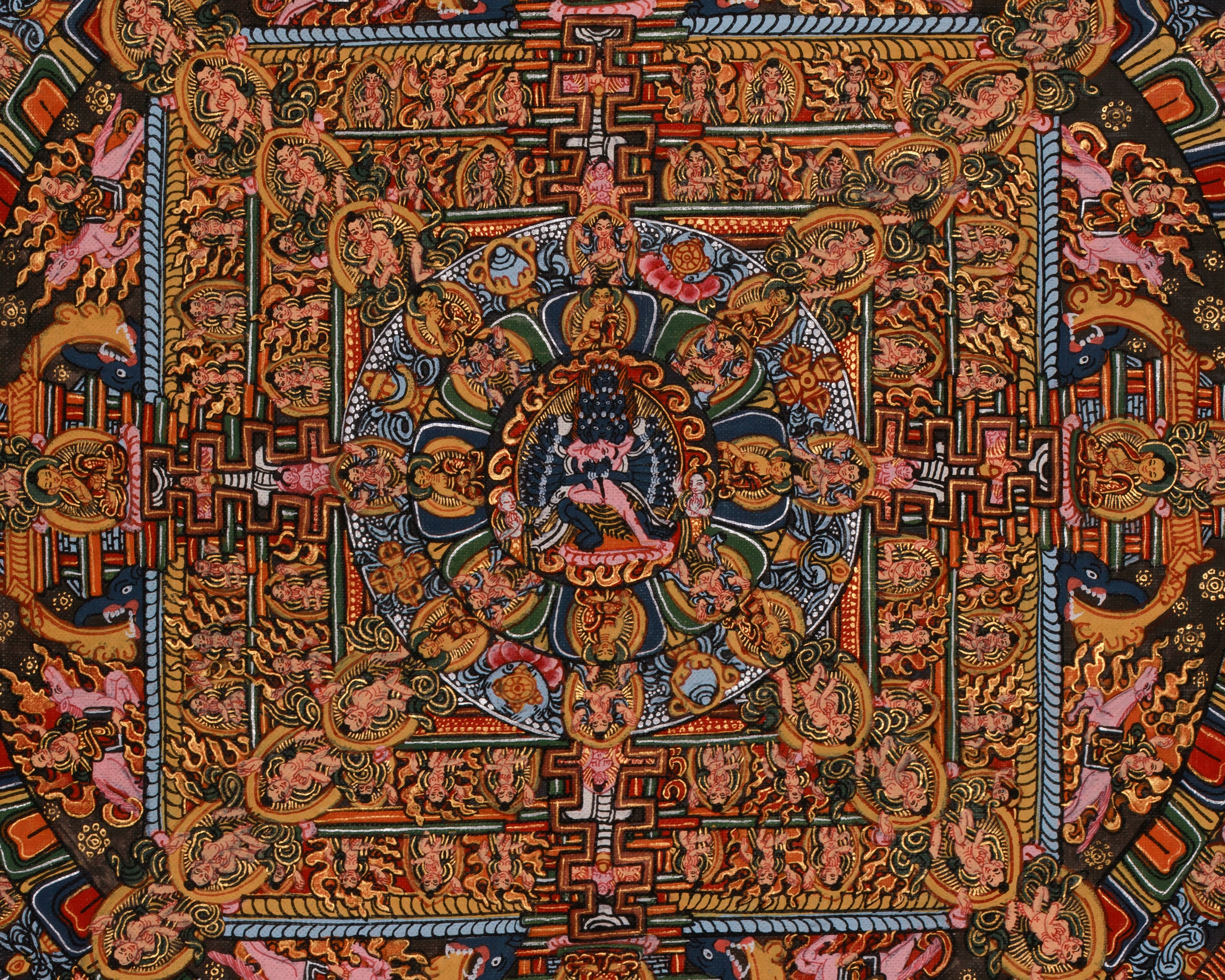 Hand-Painted Vintage Yamantaka Mandala Art | Wrathful Deity with Consort in Divine Union