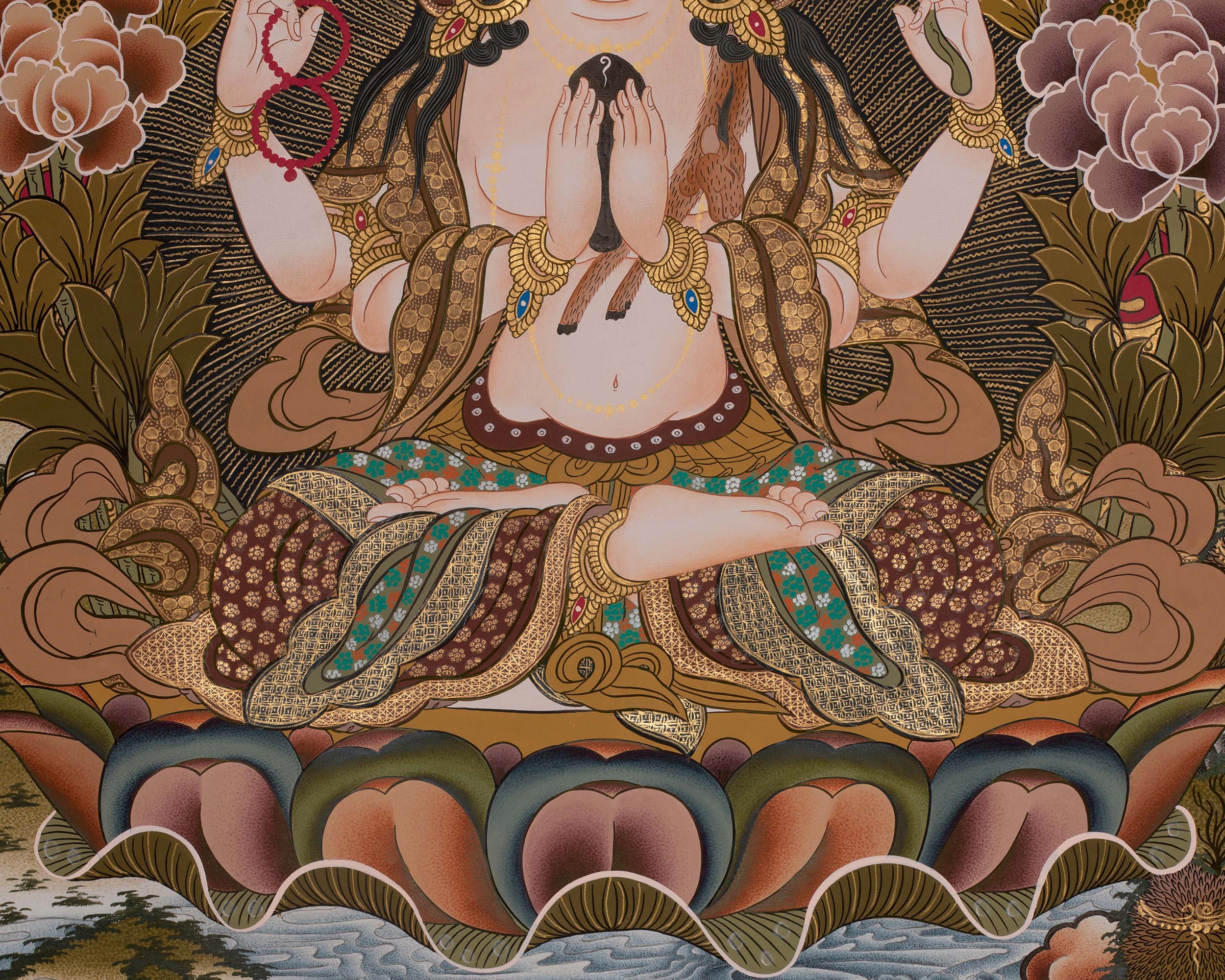 Four Armed Chenrezig Thanka | Hand-Painted Tibetan Bodhisattva Painting
