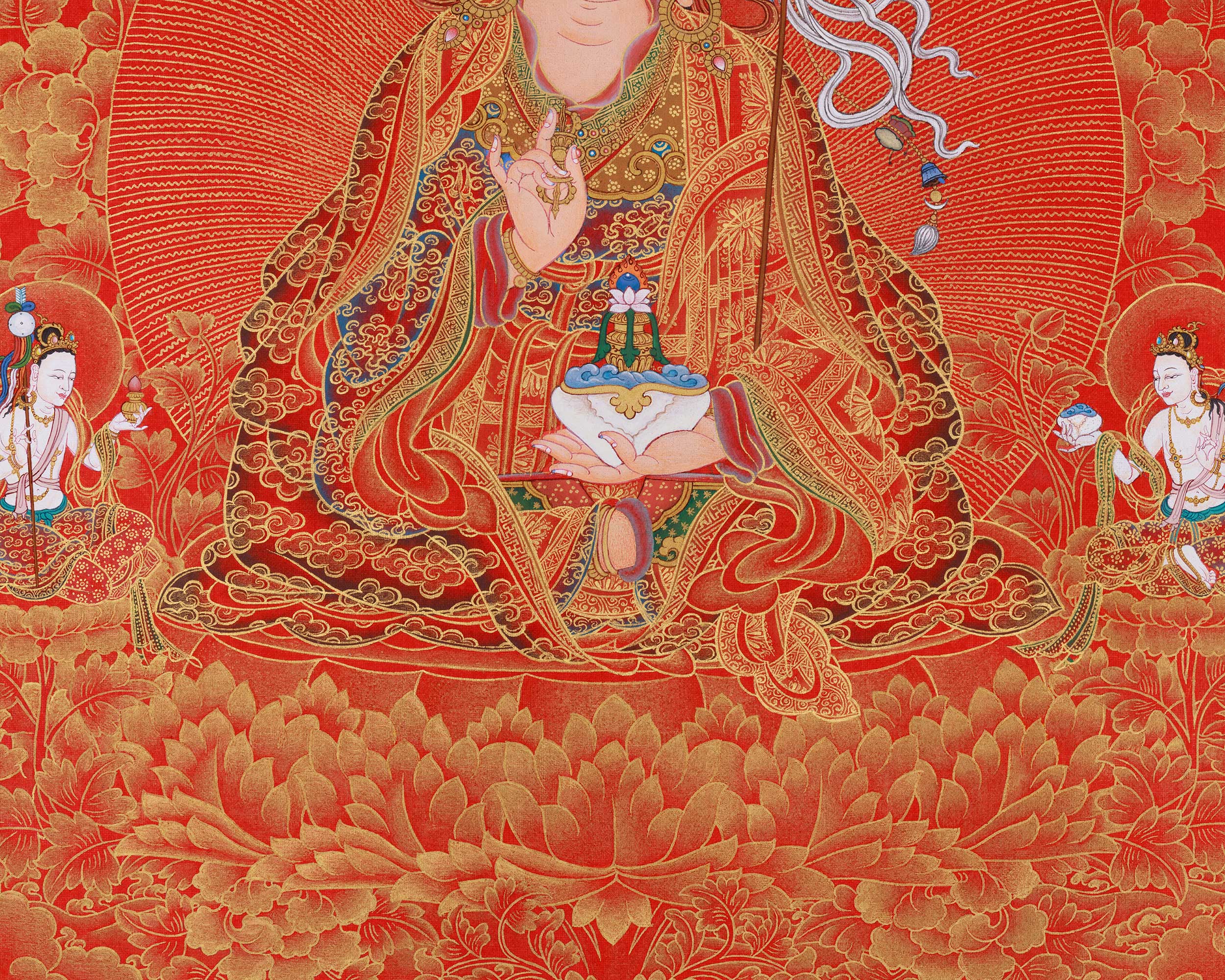 Experience the Sacred Power of Guru Sangye Thangka | A Premium NAKTHANG Thangka of Guru Rinpoche and His Divine Retinue