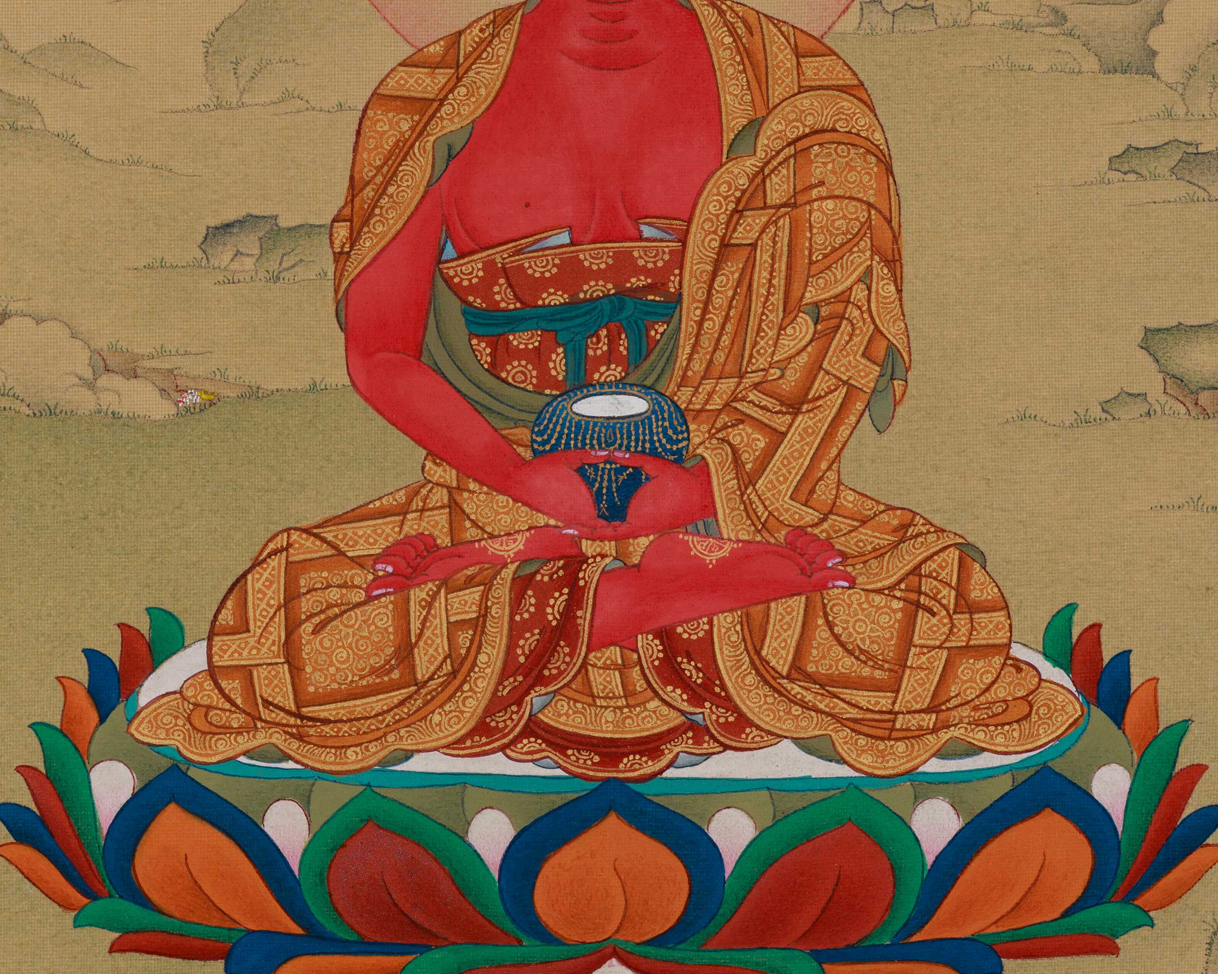 Dhyani Buddha Amitabha with Amitayus | A Sacred Thangka of Infinite Compassion and Longevity