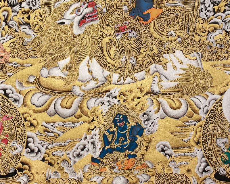 Rare Five Dzambhalas Thangka Masterpiece | Pure Silver & Gold Splendor