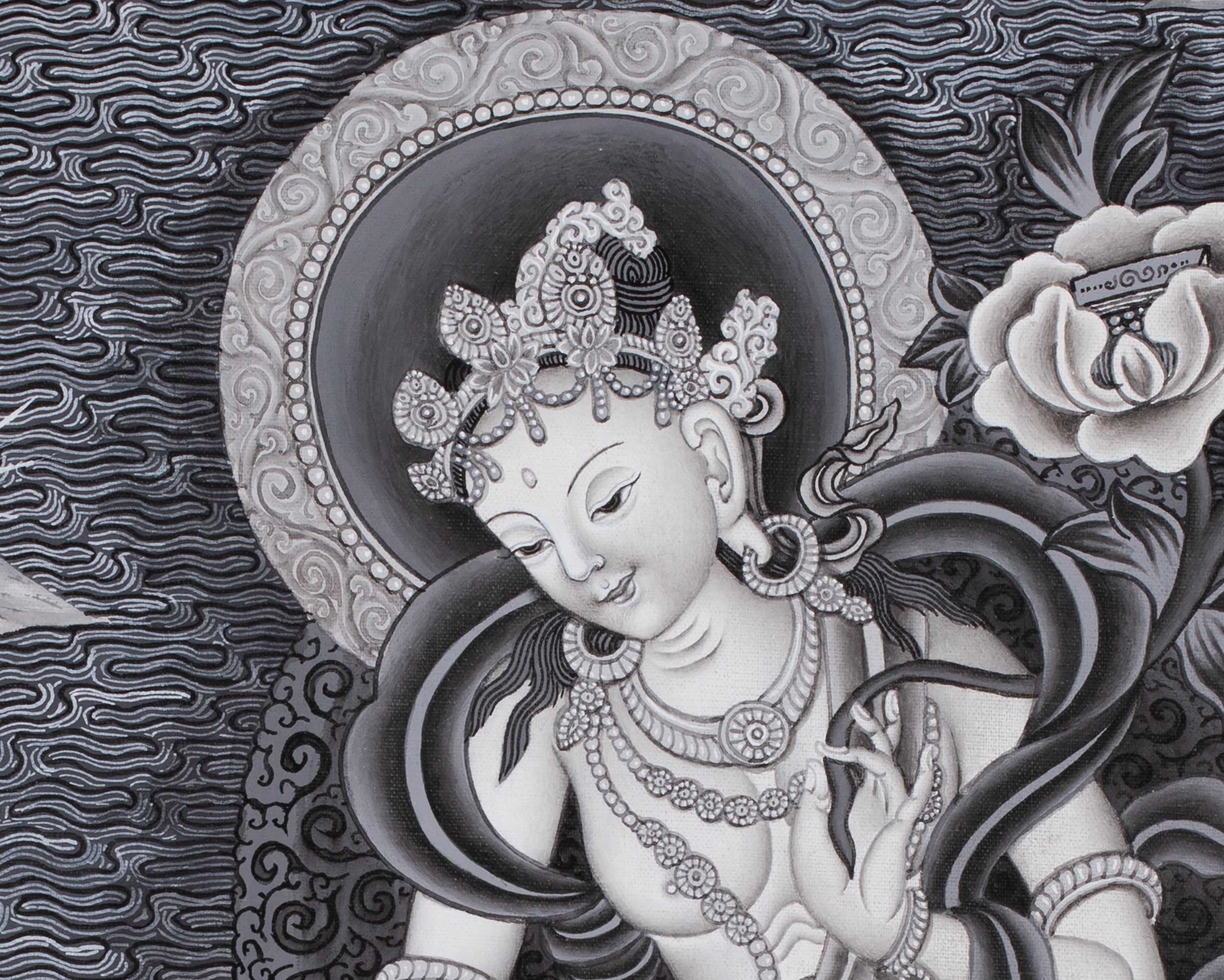 Boddhisattva Manjushree Thangka Creating Kathmandu Valley With The Self Born Light Swayambhu | Newari Style Black And White Wall Deco Art