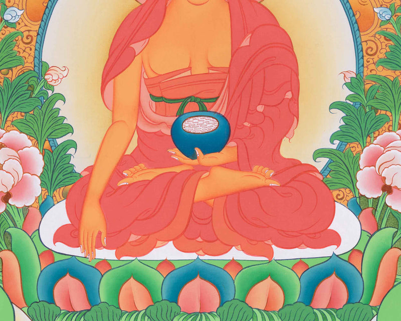 Buddha Shakyamuni Thangka | Featuring Two Disciples and Mantra | Tibetan Buddhist Arts