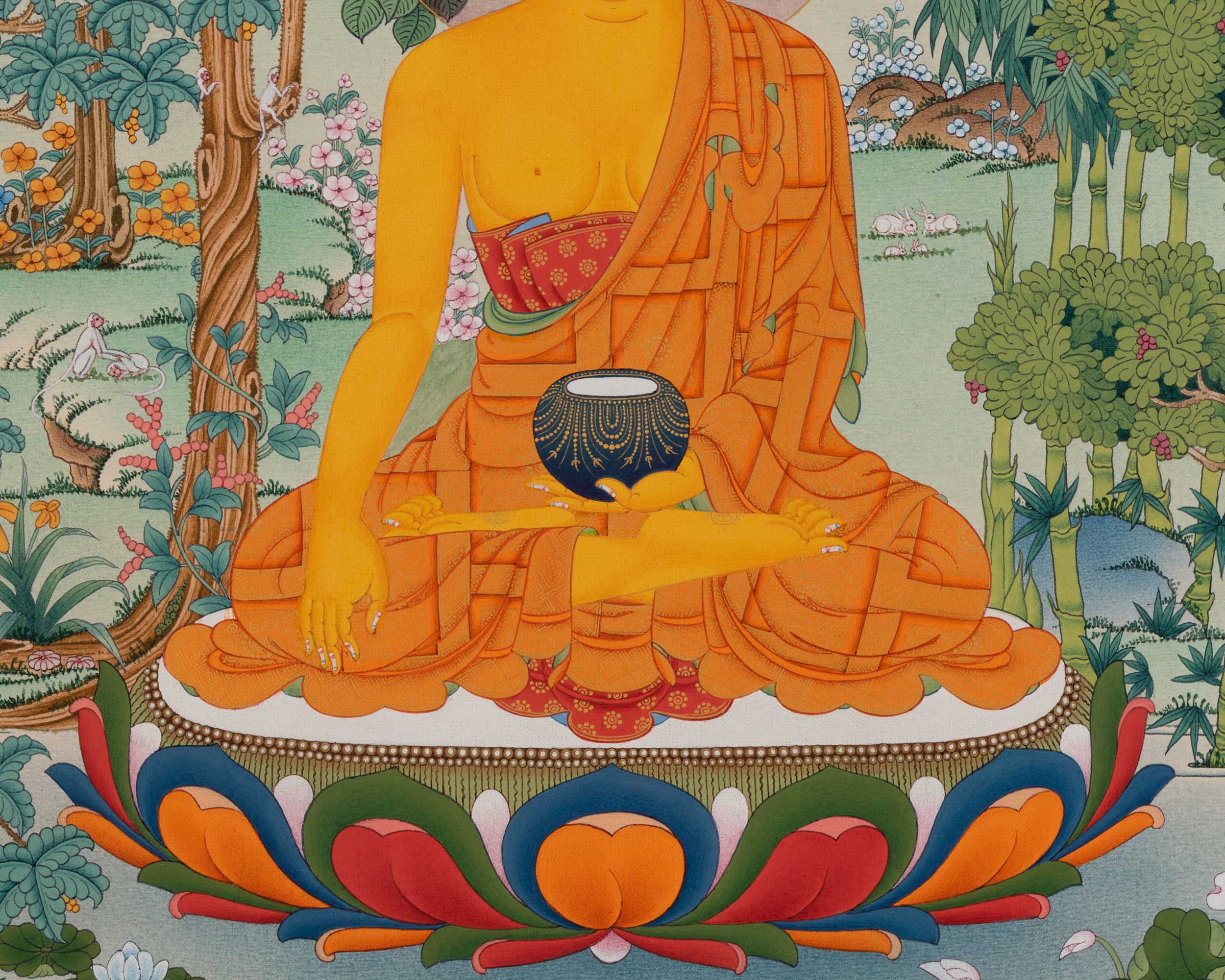 Meditating Shakyamuni Buddha in Jungle, Thangka Paiting