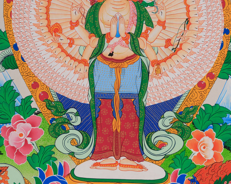 1000-Armed Avalokiteshvara Flanked Tara, Amitabha Buddha, Manjushri, and Vajrapani | Bodhisattva Chenrezig Artwork