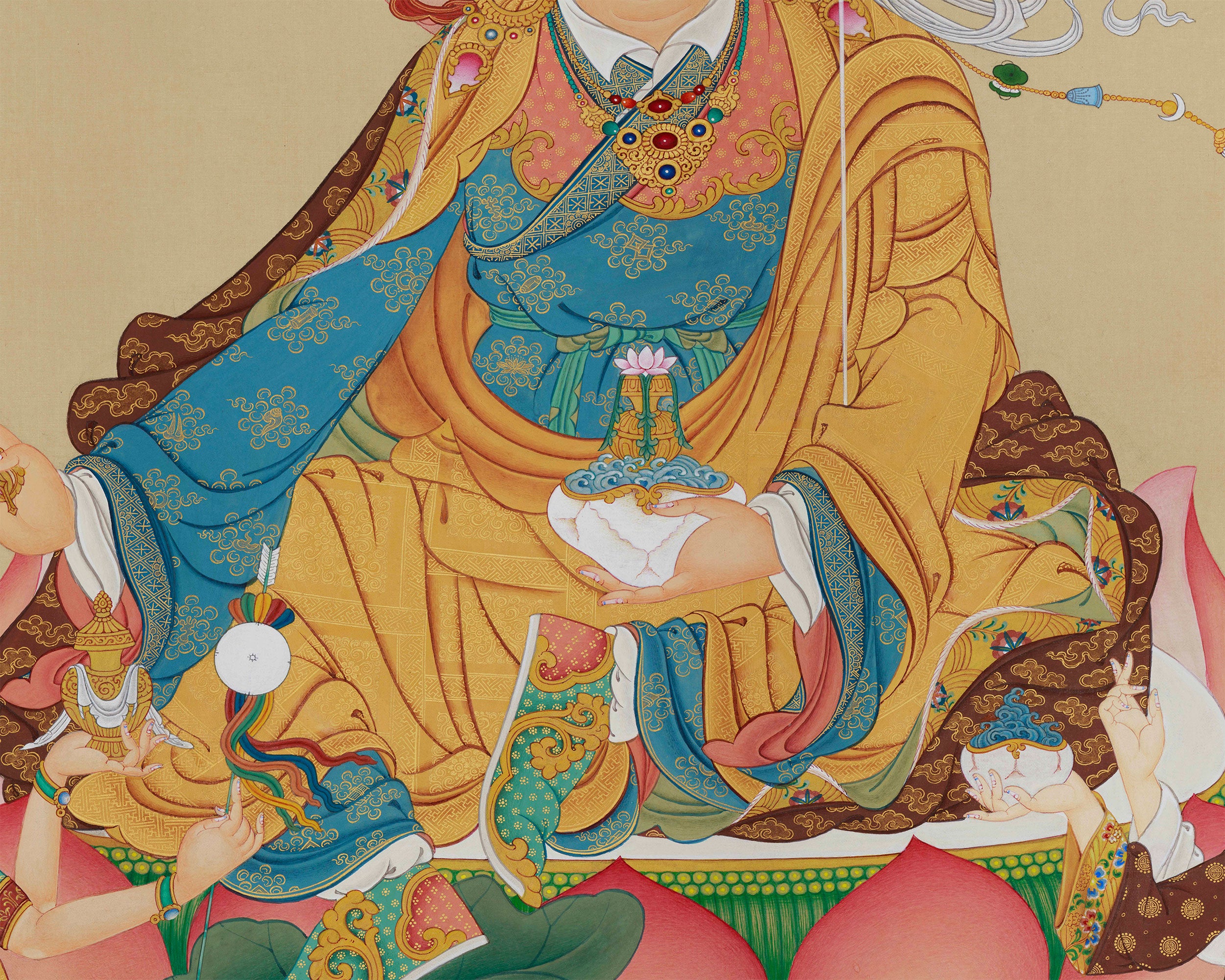 Spiritual Masterpiece, Enlightened Padmasambhava Thangka | Mandarava & Yeshe Tsogyal