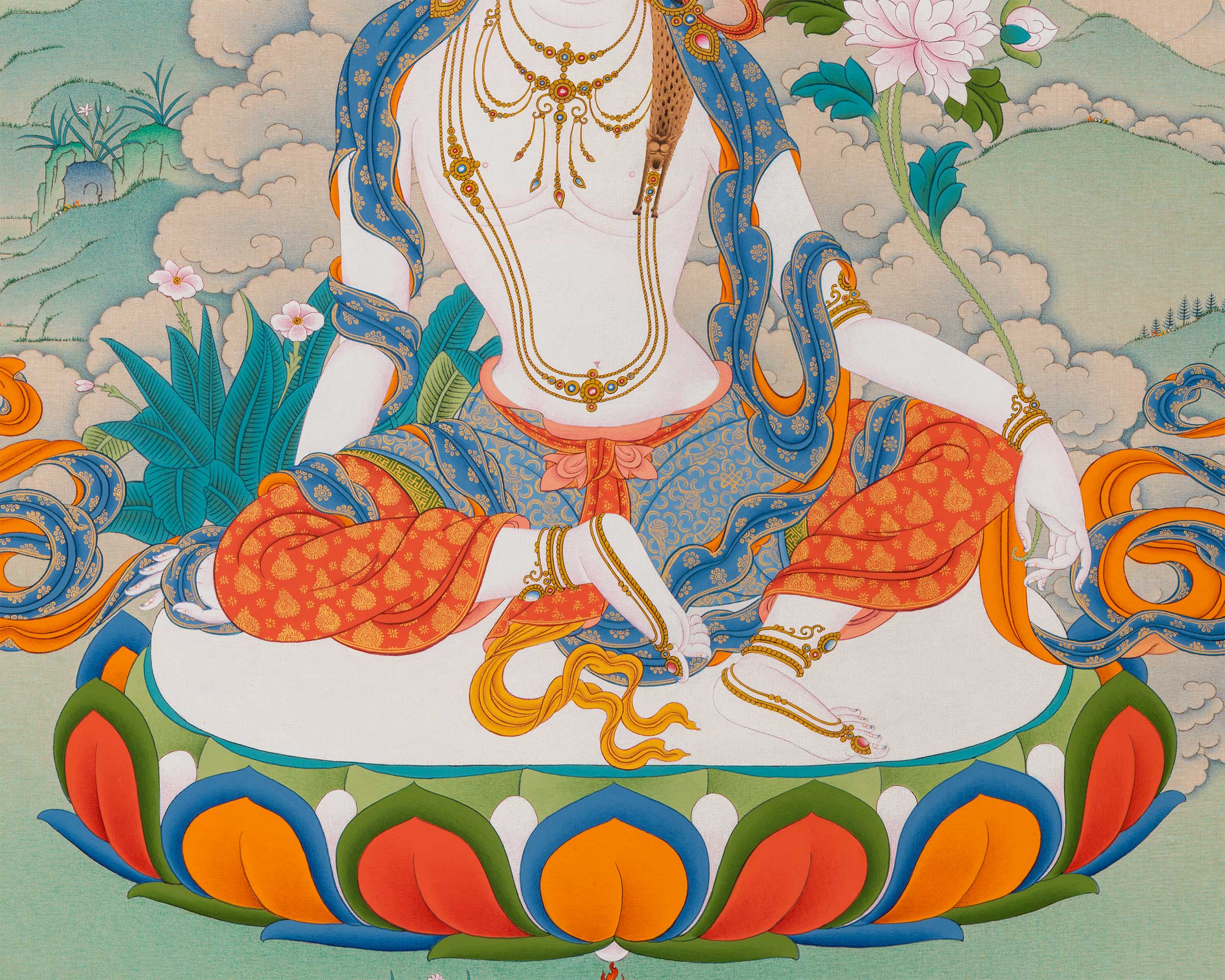 2-Armed Chenresig with Amitabha Buddha Thangka Print | Spiritual Wall Decoration