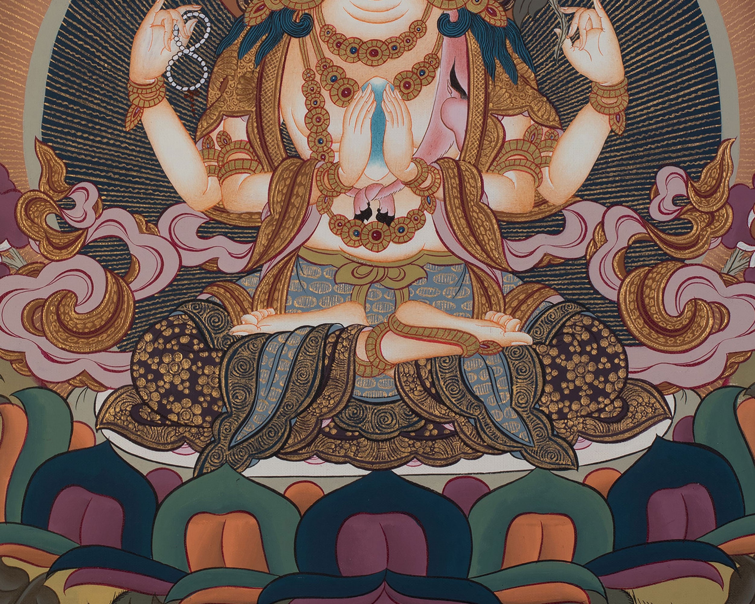 Four-Armed Compassionate Chenrezig Thangka | Hand-Painted Compassion Deity Art