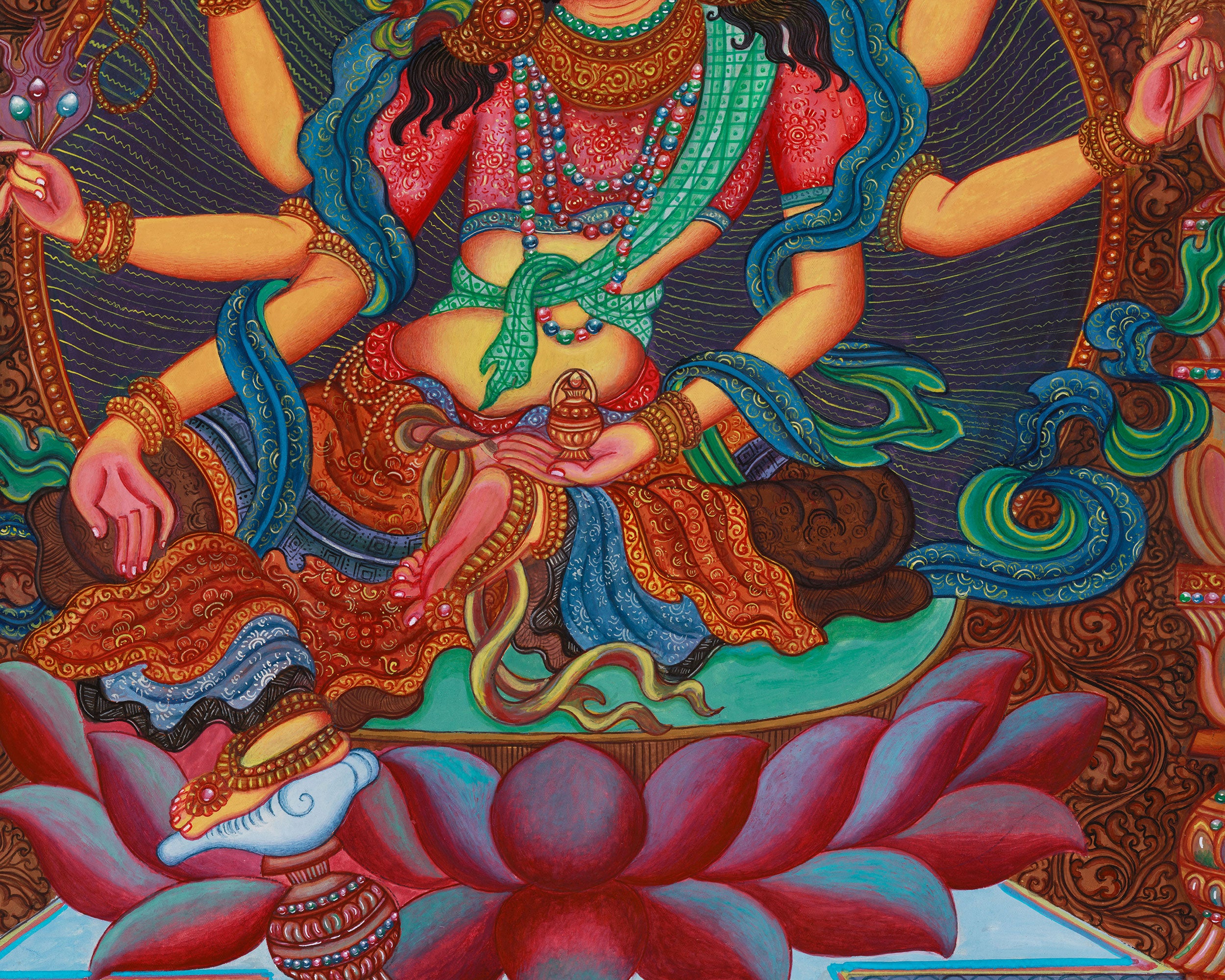 Original 6-Arms Vasudhara Thangka | Hand-Painted Newari Artistry