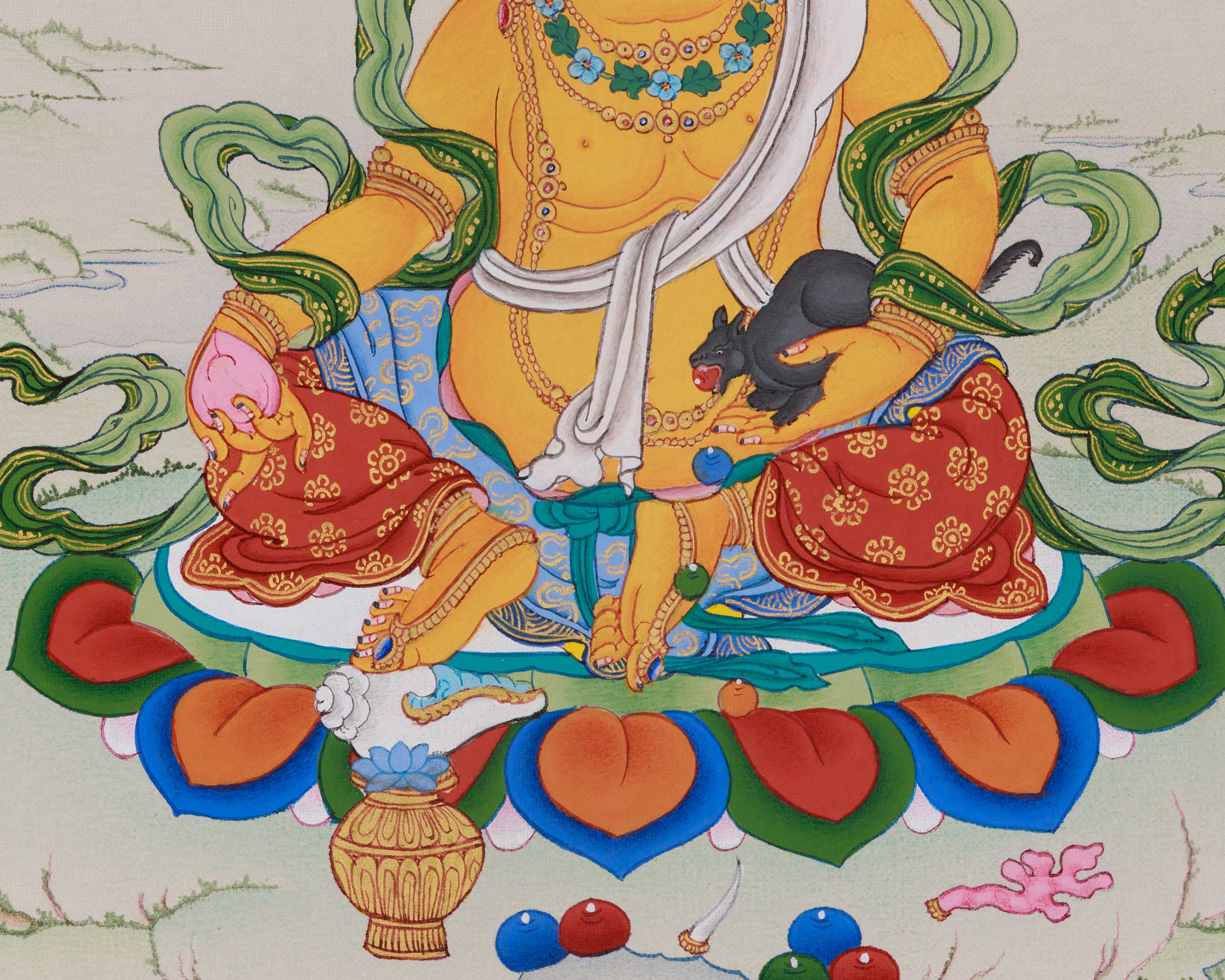 Sacred Thangka of Yellow Jambhala | Tibetan Buddha of Fortune and Prosperity