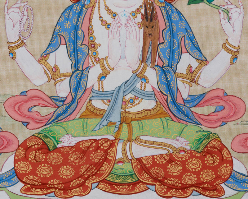 Lord of Compassion Chenrezig Thangka | Original Tibetan Artwork of Bodhisattva Avalokiteshvara