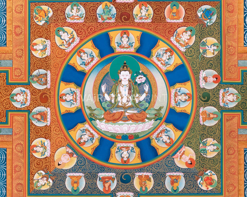 Chenresig Mandala Thangka Print | Traditional Tibetan Mandala Artwork | Meditation Art