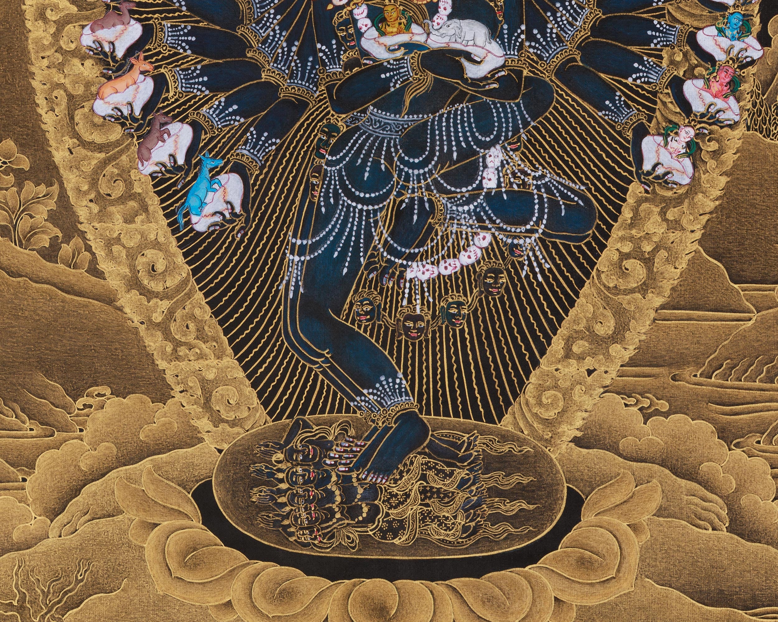 Gold on Black Hevajra Thangka | Fierce Meditational Deity | Vajrayana Buddhism