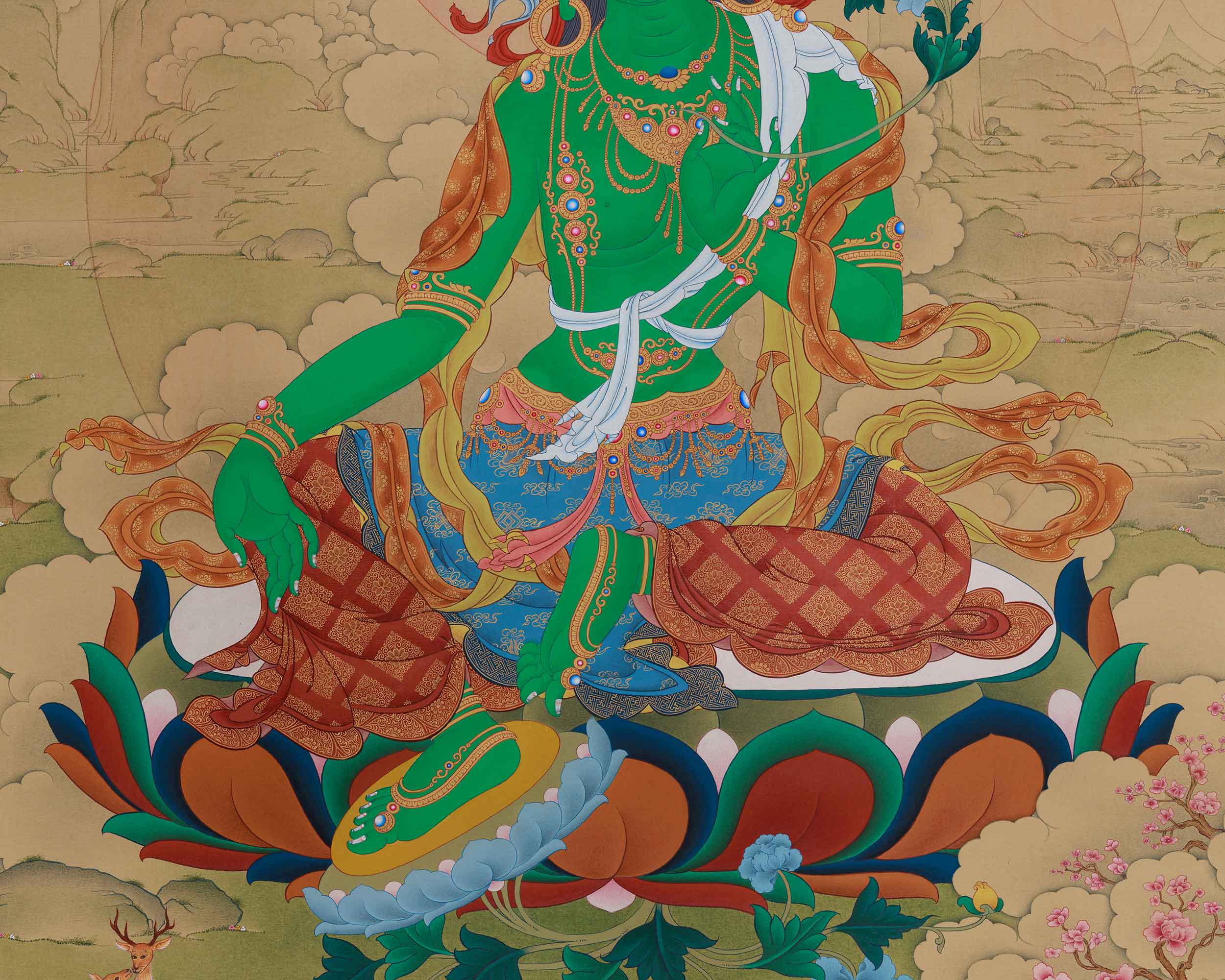 Savior Goddess Green Tara Thangka | Divine Artwork of the Compassionate Protector