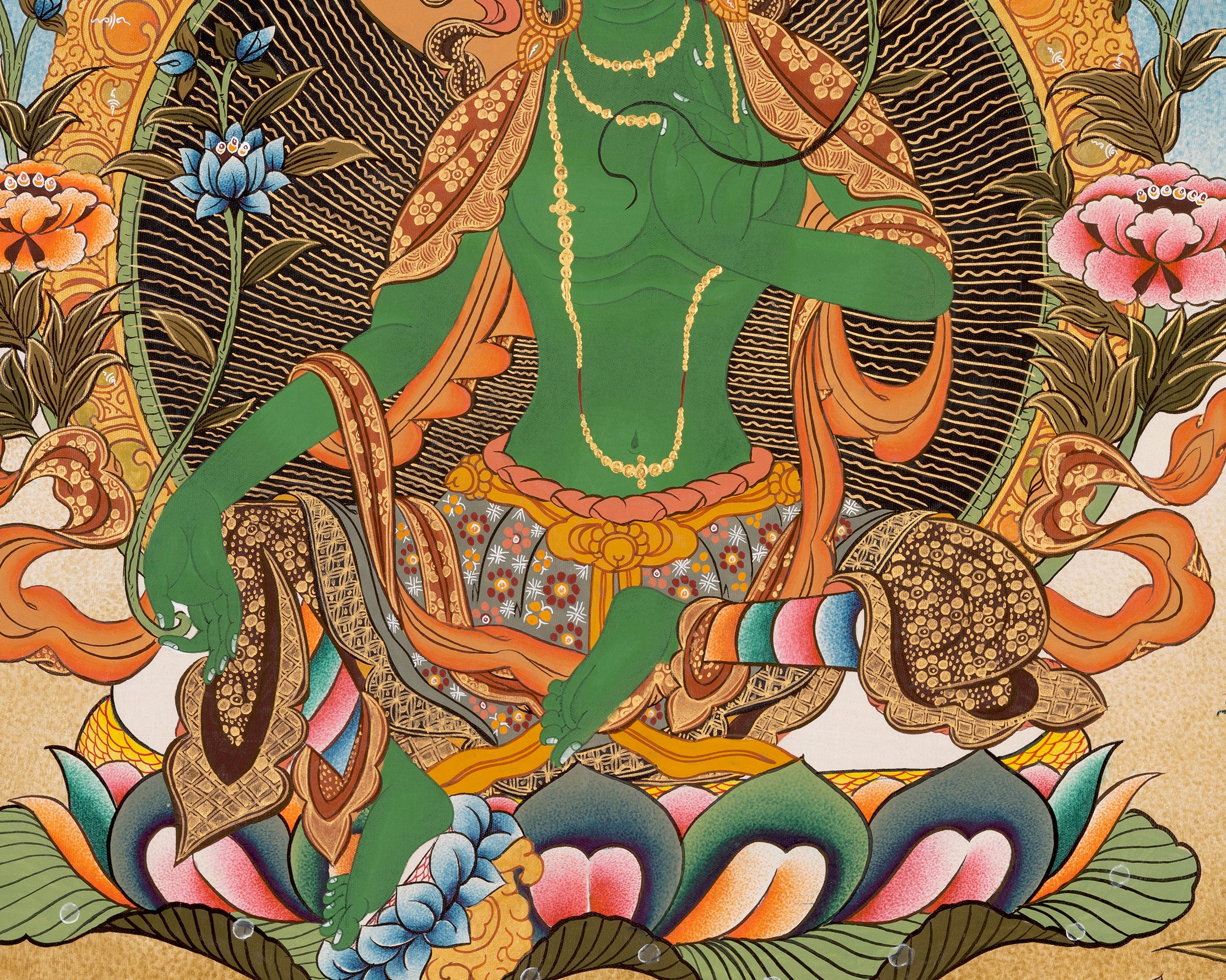 Green Tara Thanka | Hand-Painted Compassion Goddess for Protection