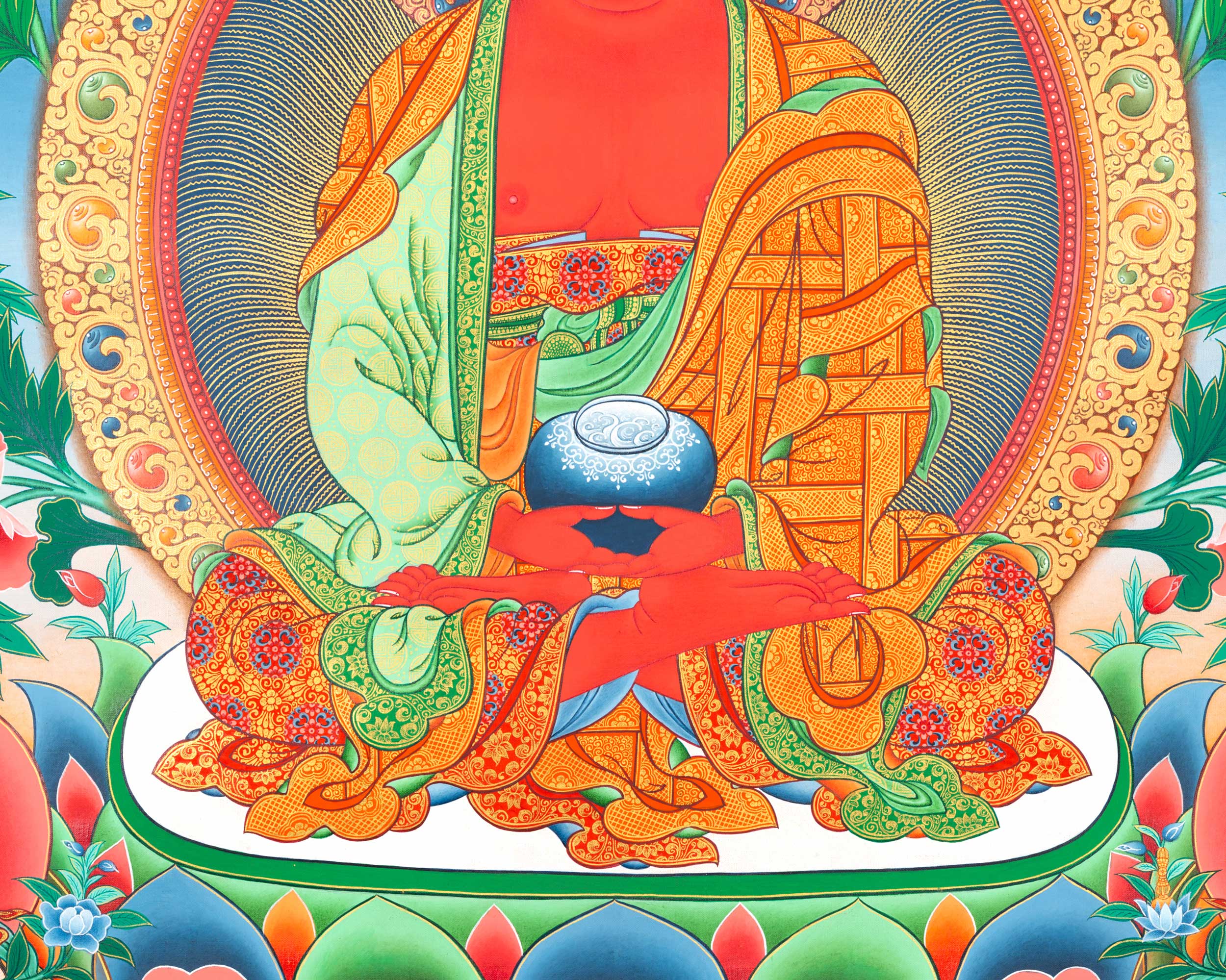 Amitabha Buddha with His Two Chief Disciples Thangka | The Buddha of Infinite Light