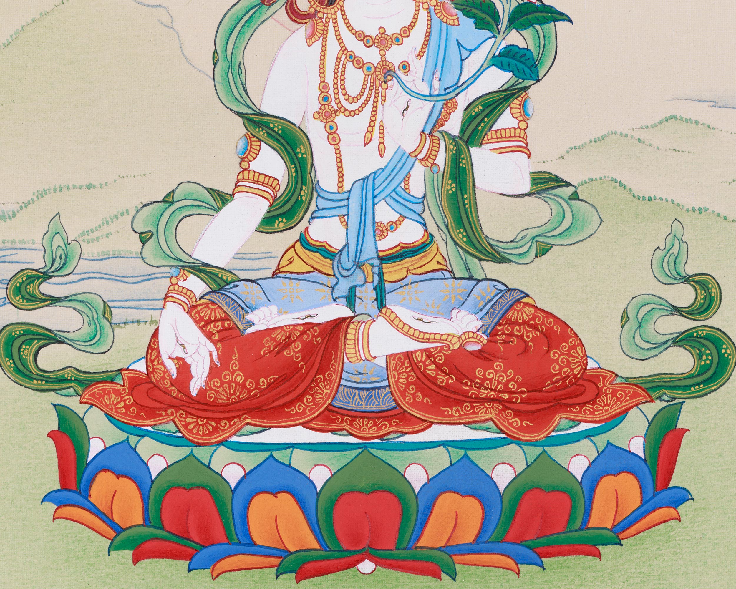 Hand-Painted Seven Eyes White Tara Thangka | Buddhist Art for Longevity and Healing