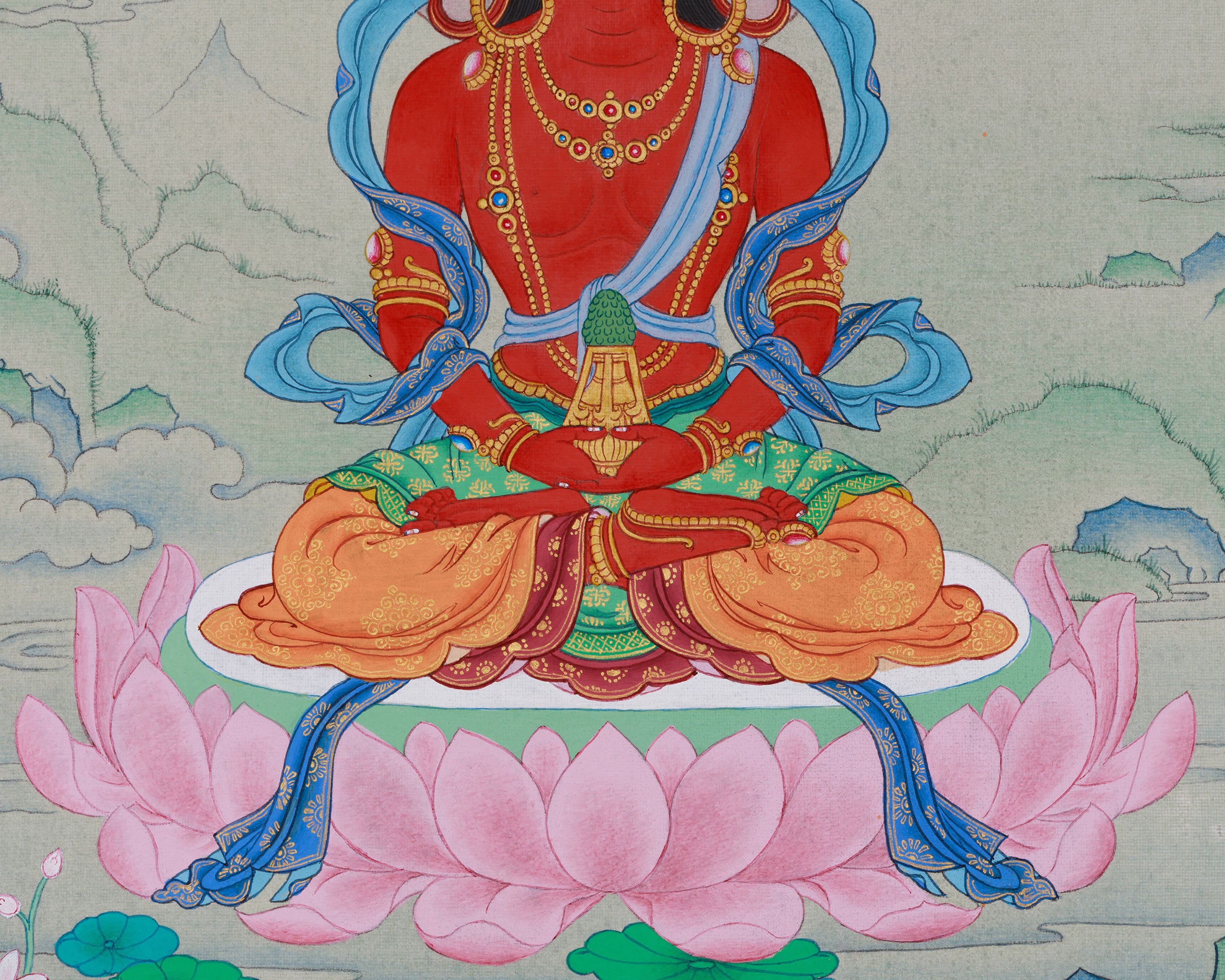 Red Amitayus Buddha Thangka | Hand-Painted Longevity Deity | Traditional Artwork