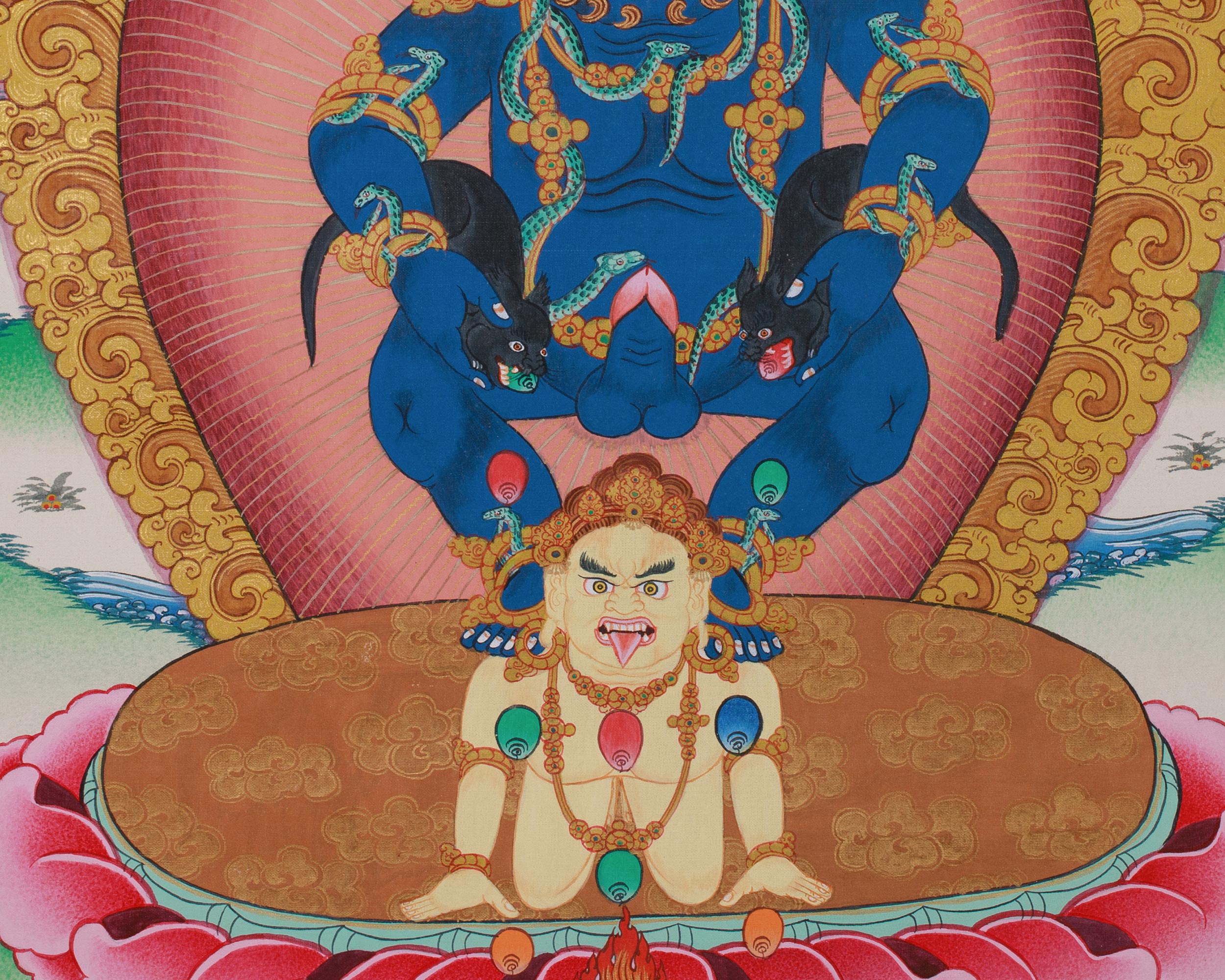 Unique Black Dzambhala Painting | Wealth Deity in Blue Hues