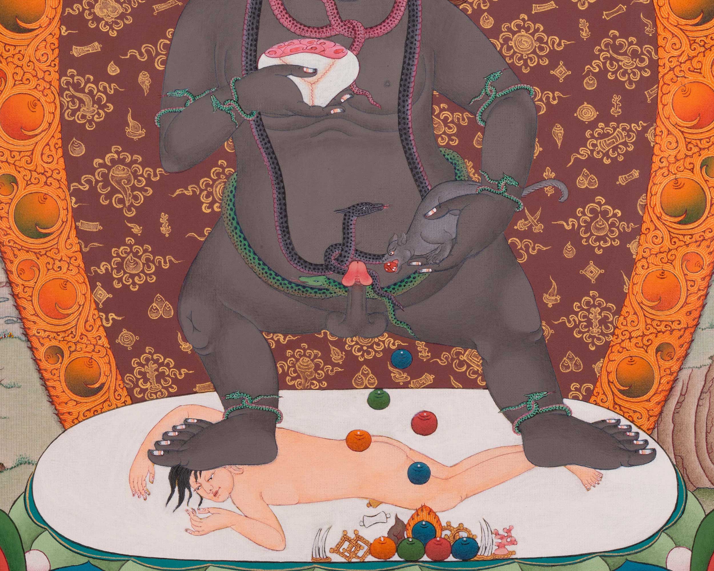 Traditional Black Dzambhala Thangka Print | Print on Cotton Canvas | Wall Decor