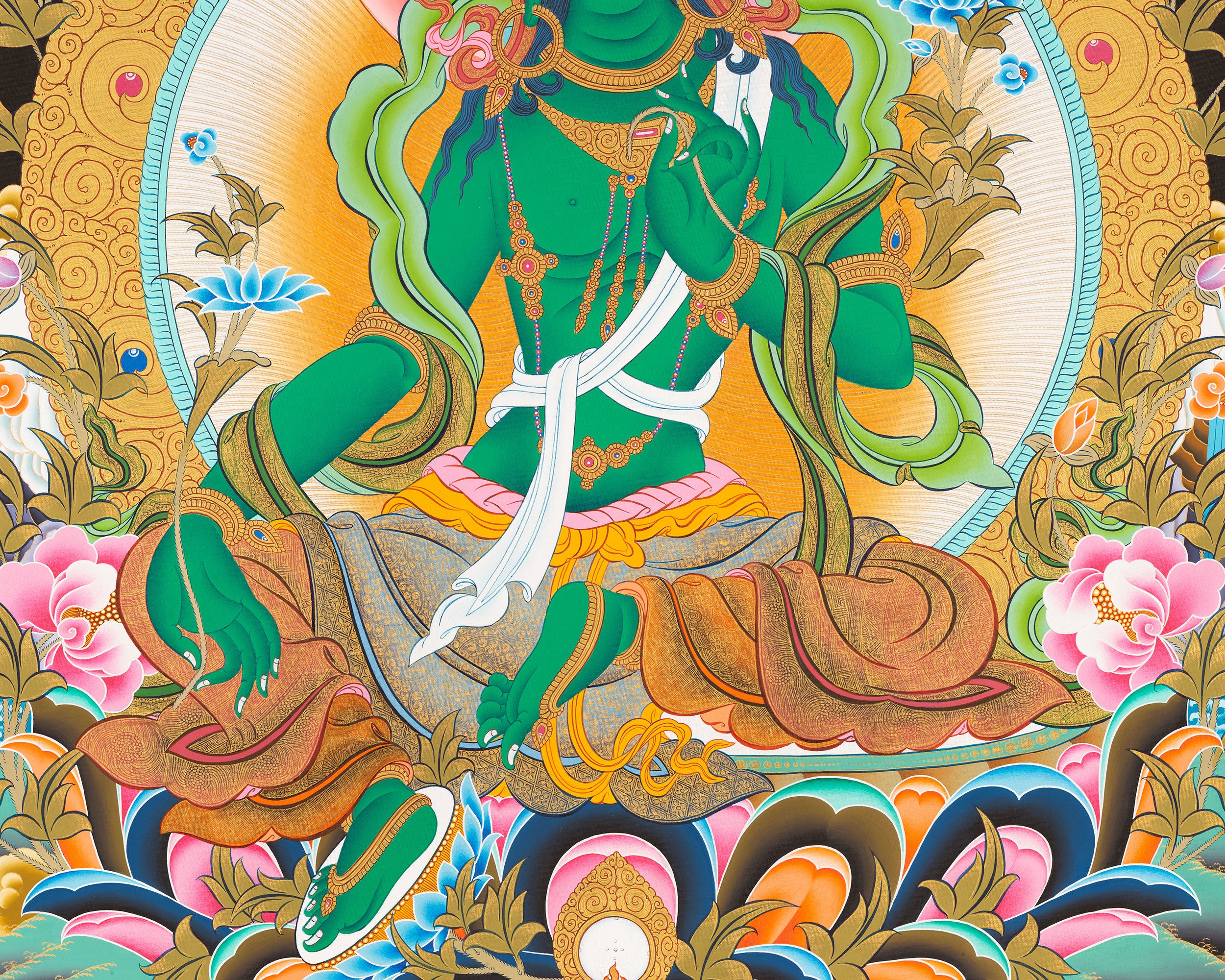 Goddess Green Tara Thangka | Cotton Canvas Hand Painting | Religous Wall Decor