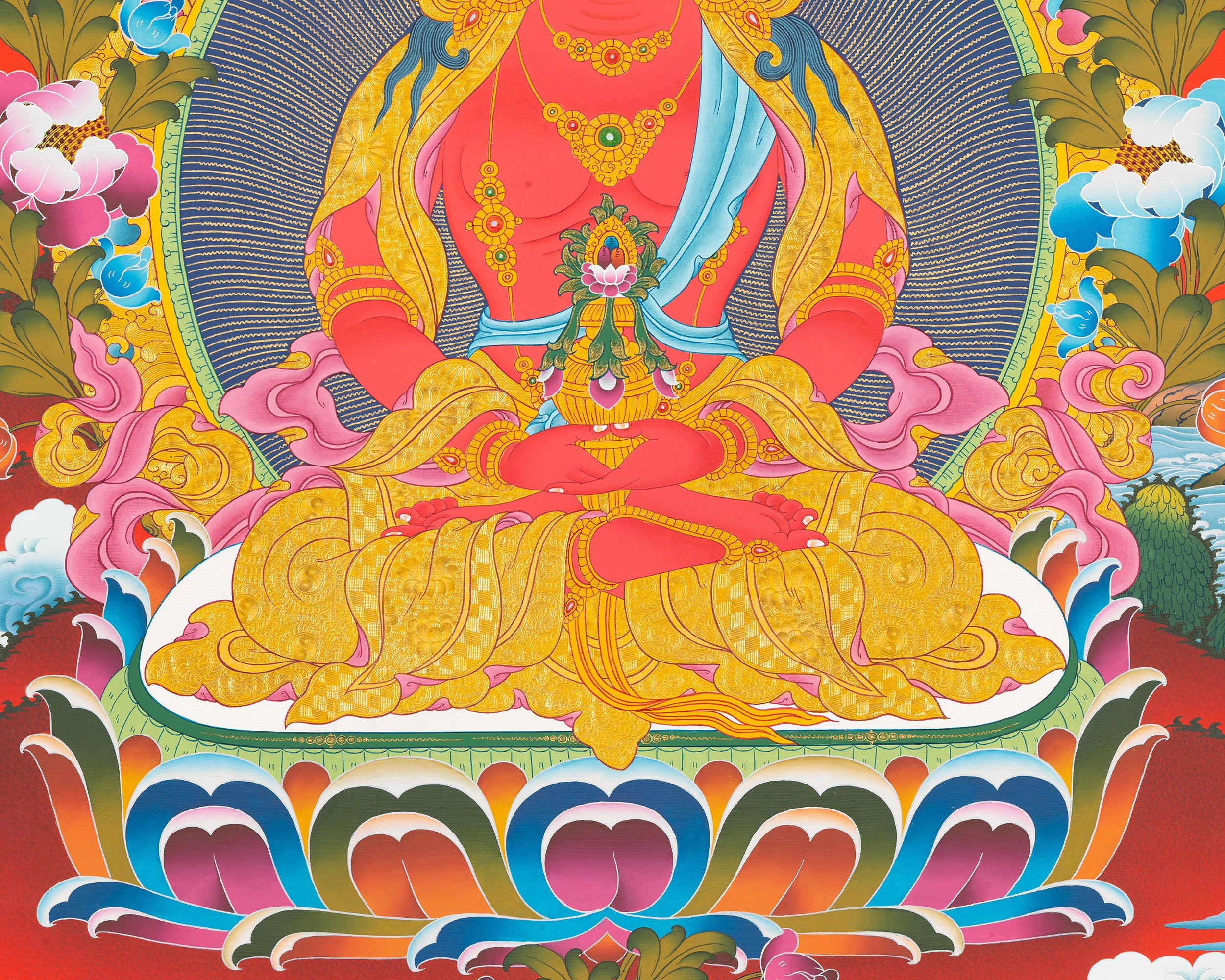 Hand-Painted Amitayus Buddha Thangka | Buddha of Longevity in Red Background