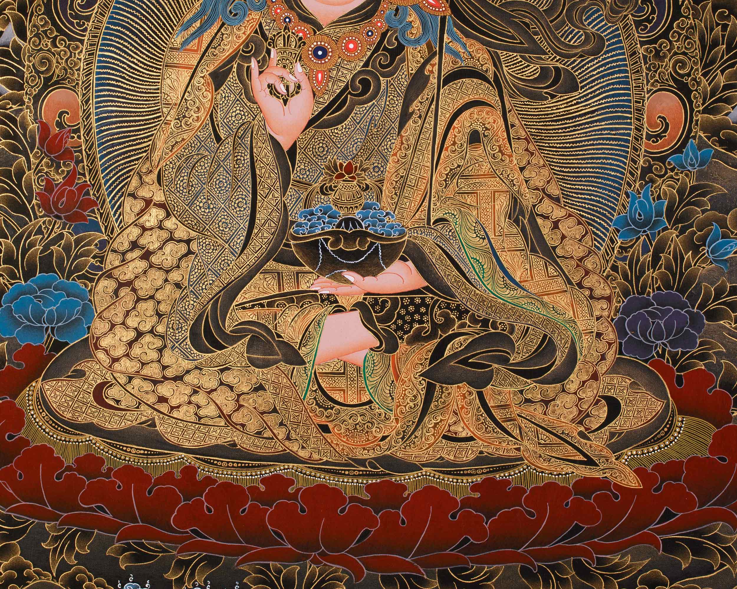 Guru Tsokyé Dorje Thangka | Masterful Gold Detailing on Black Canvas