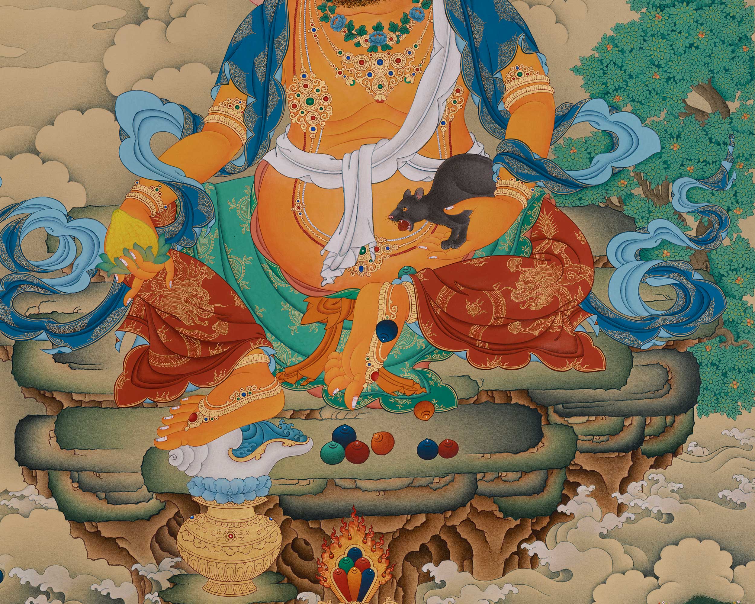 Vajrayana Abundance Deity Dzambhala Thangka | Tibetan Ratnasambhava Art