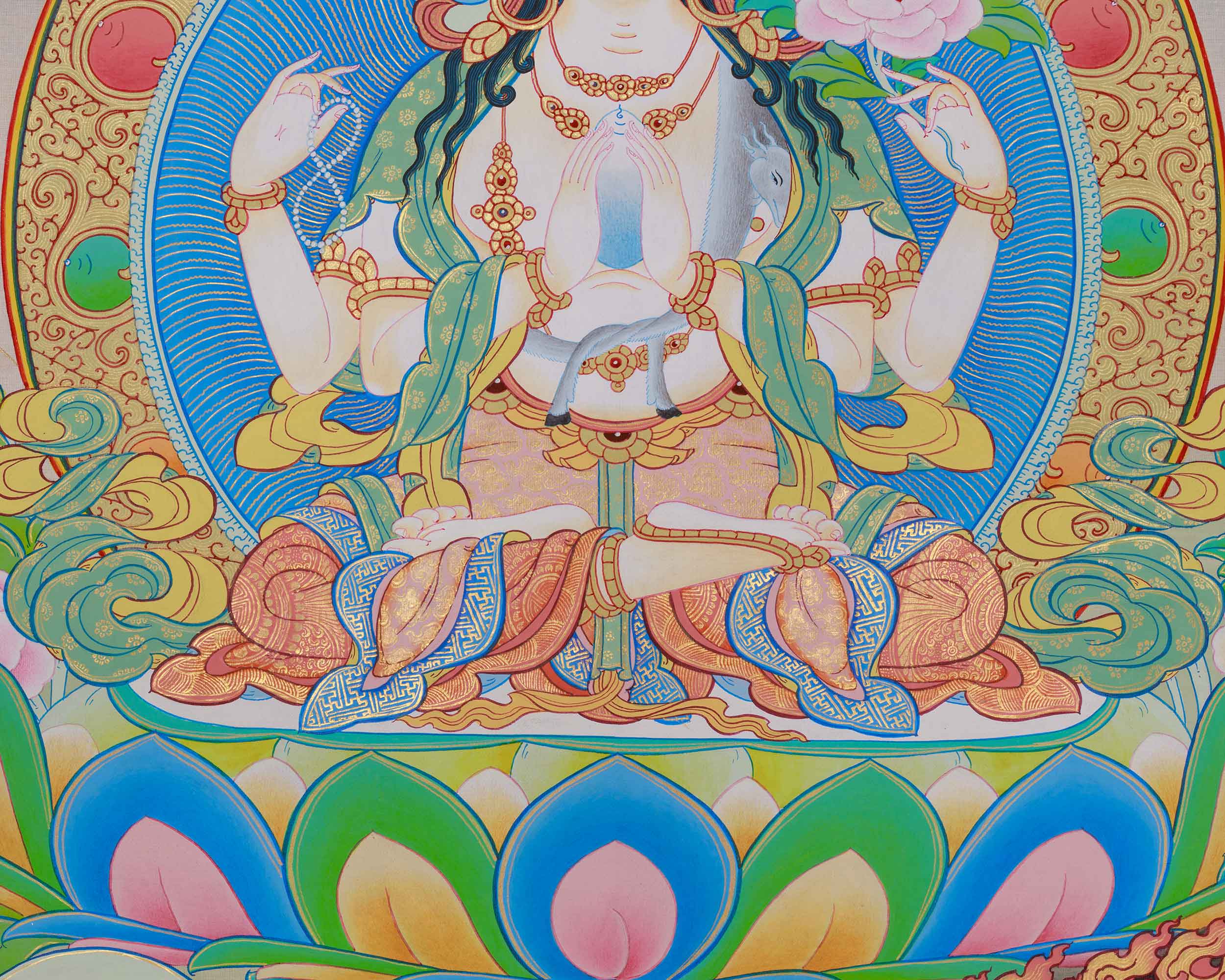 Himalyan Thangka Of Four-Armed Chenrezig | Avalokiteshvara, Amitabha Buddha, Manjushri, Vajrapani