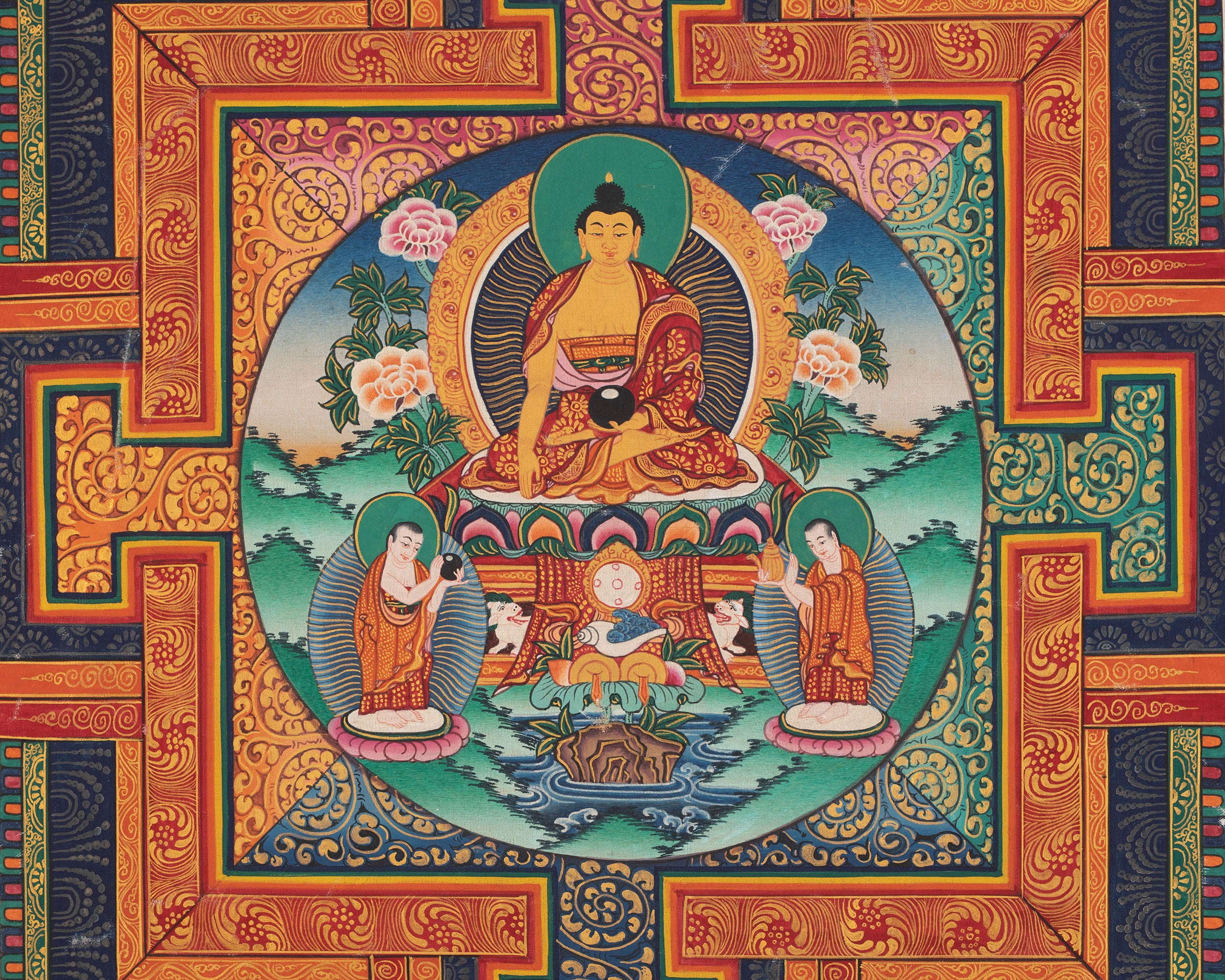 Five Dhyani Buddha Mandala | Vintage Handmade Thangka Painting
