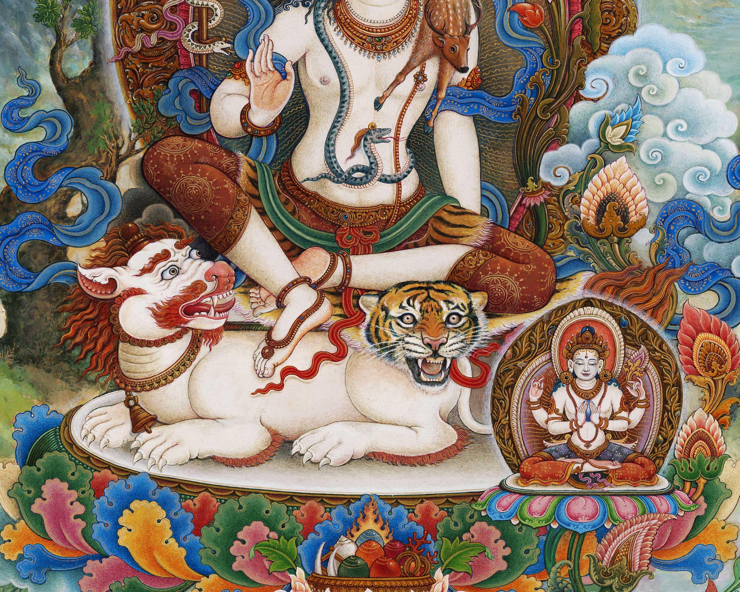 Simhanada Avalokiteshvara Seated On A Roaring Lion Print | Himalayan Art For Healing Practice
