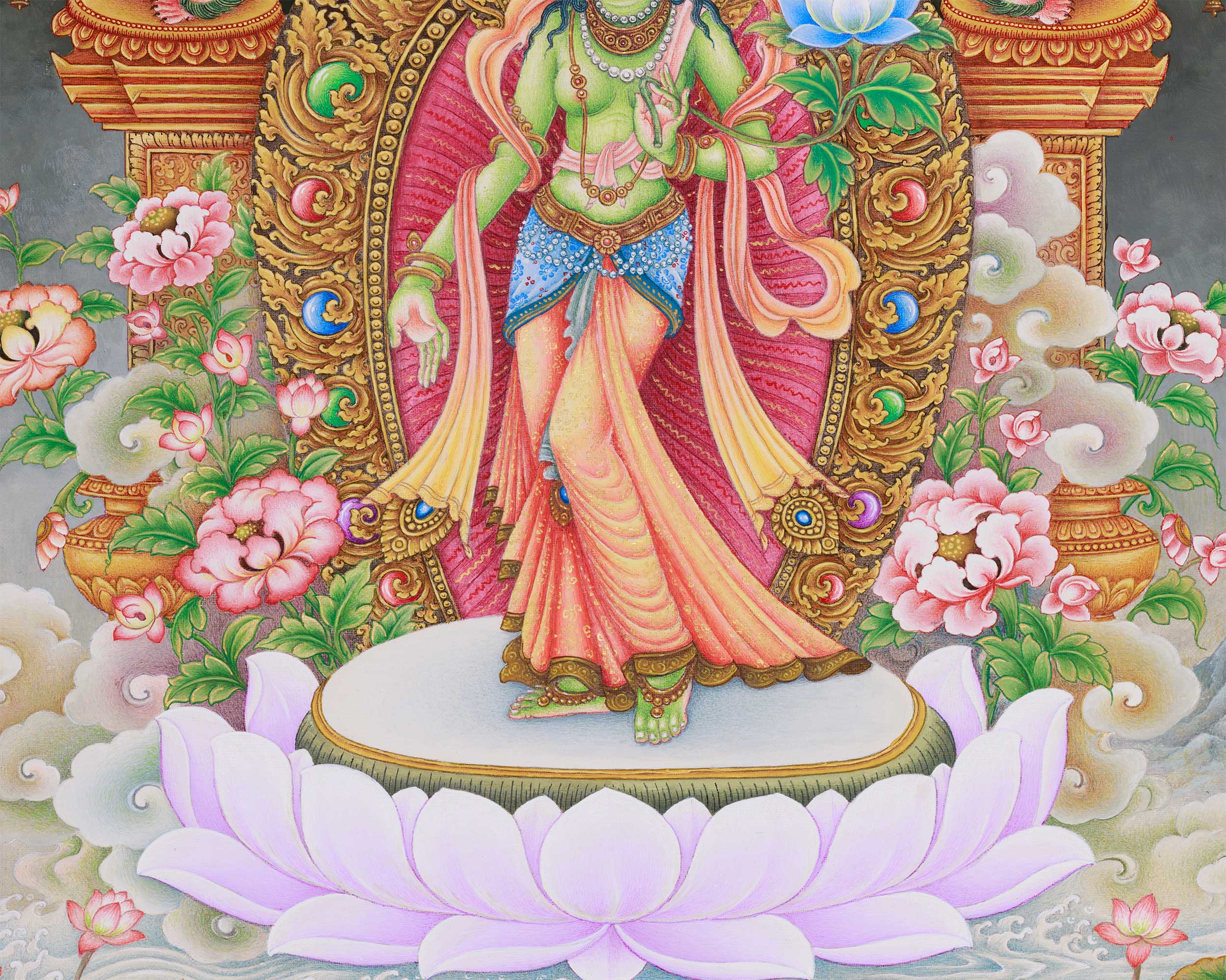 Paubha Masterpiece of Tibetan Goddess Standing Green Tara | Guardian of the Eight Fears