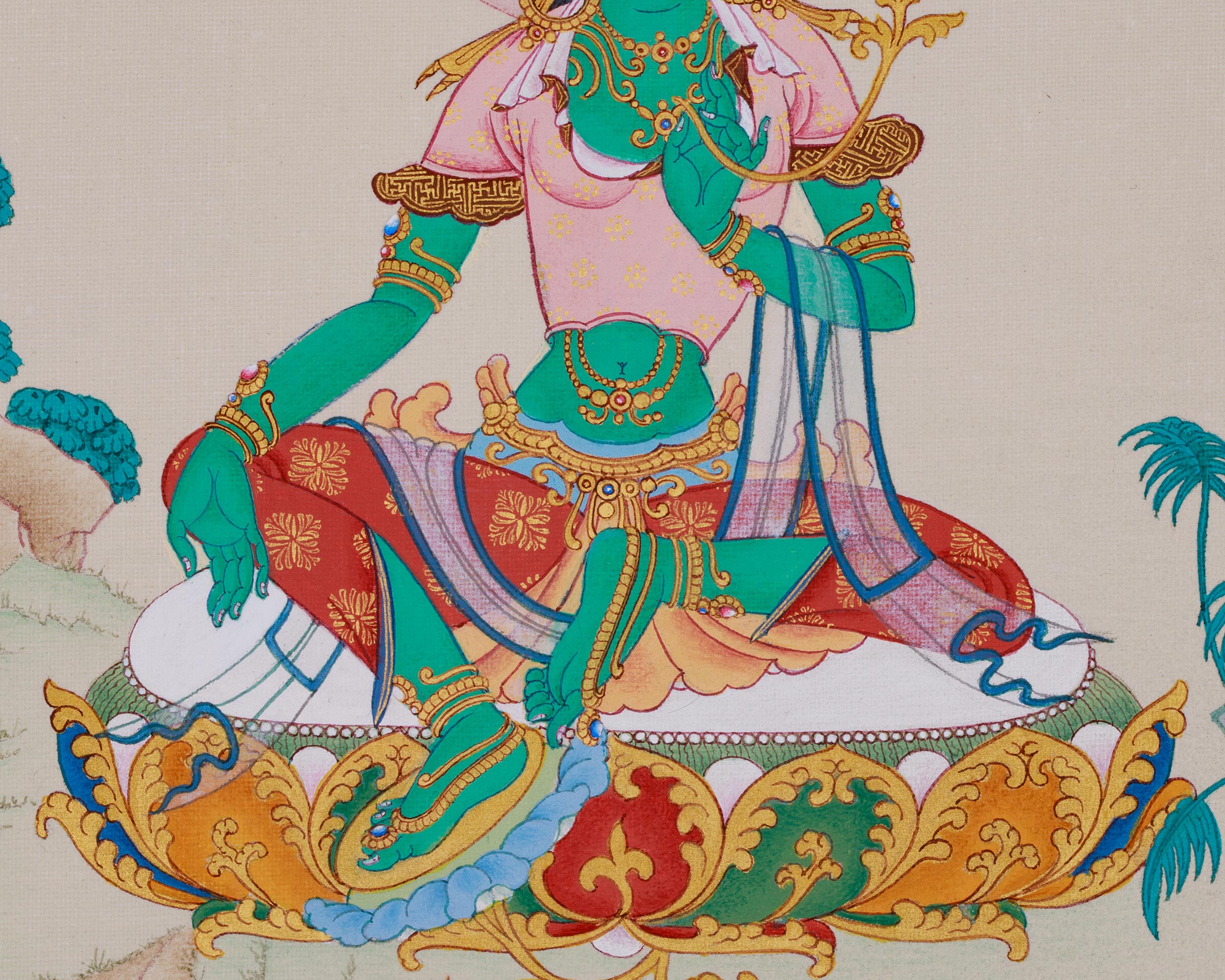 Radiant Arya Tara Thangka Embellished with Natural Stones