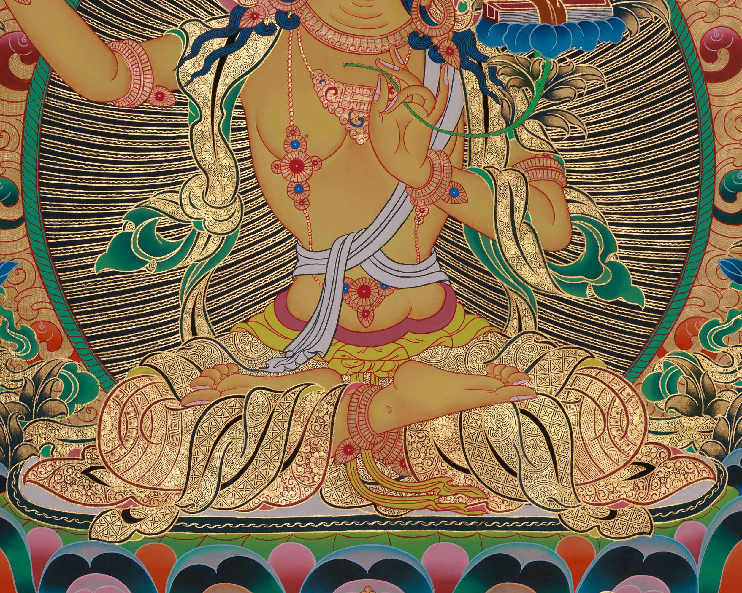 Himalayan Thangka Of Manjushri | Amitabha Buddha, Chenrezig, Vajrapani