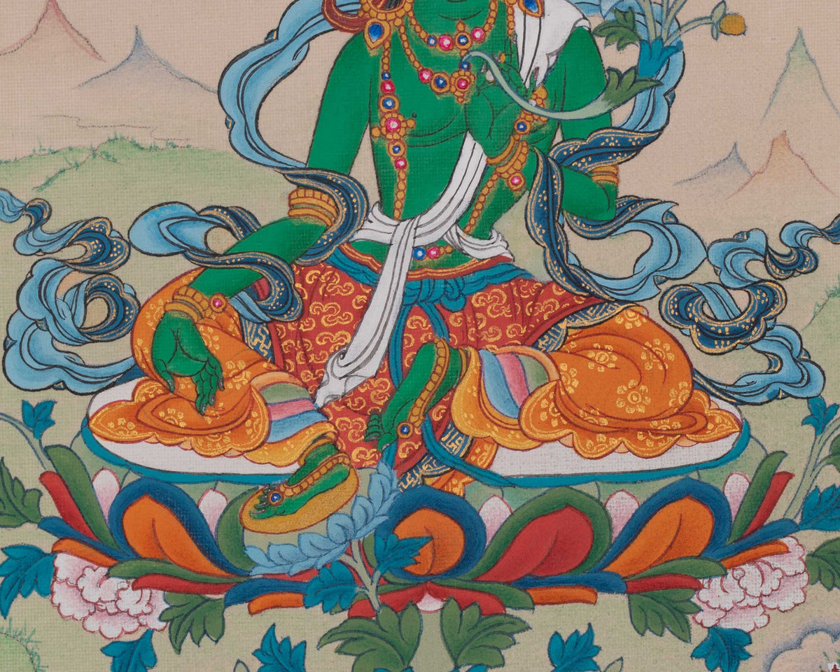 Green Tara Buddhist Deity Thangka | Shyama Tara | Sacred Art of Compassion and Liberation