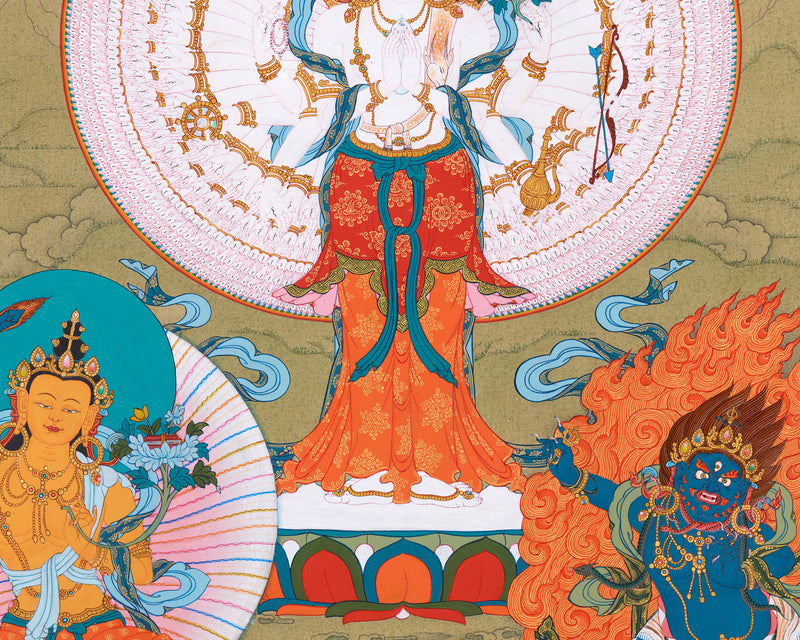 1000 arm Buddha, Avalokiteshvara Thangka | Manjushri & Vajrapani, Tibetan Art