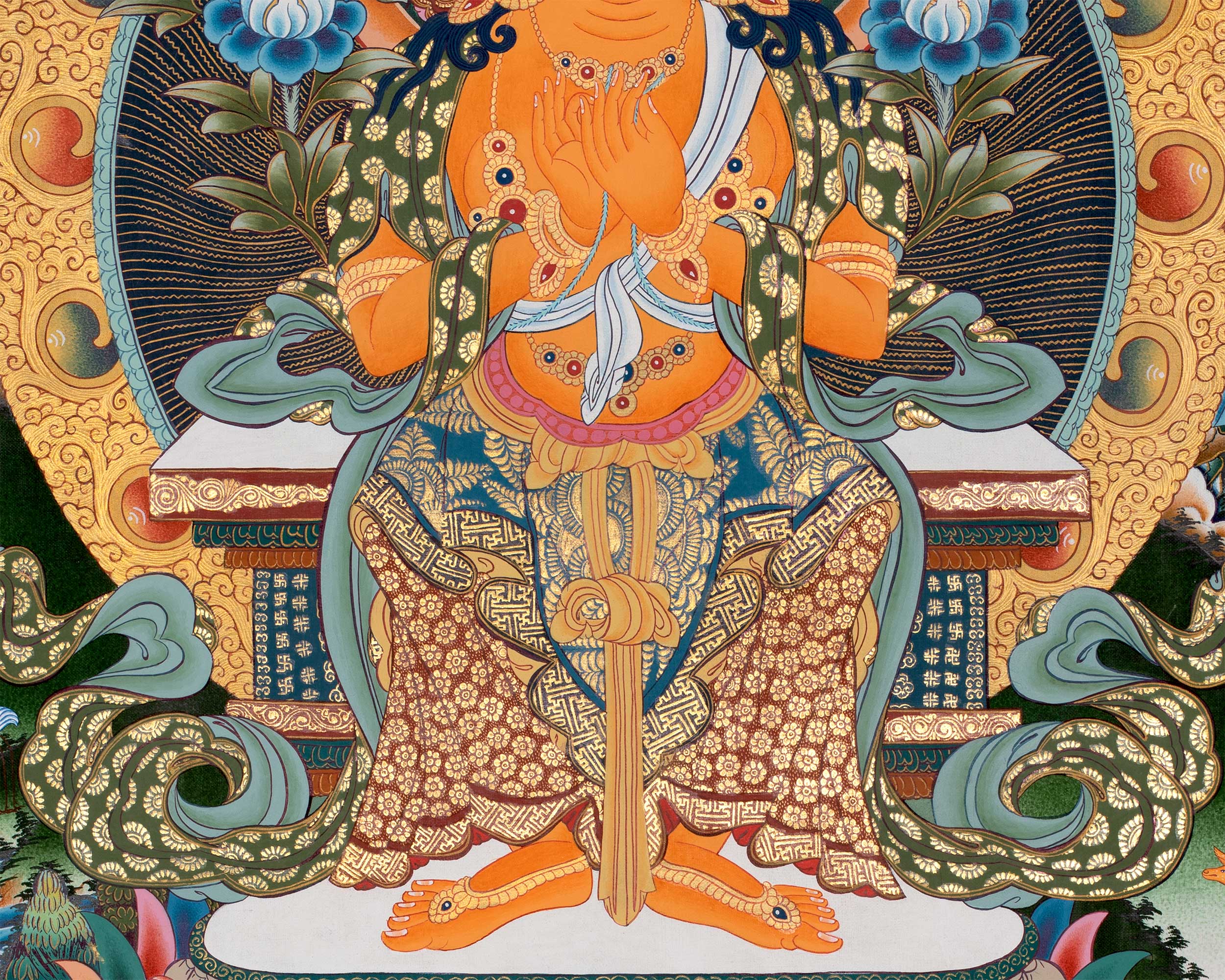 Maitreya Buddha Thangka Featuring Tsongkhapa, Guru Rinpoche, Green Tara & White Tara