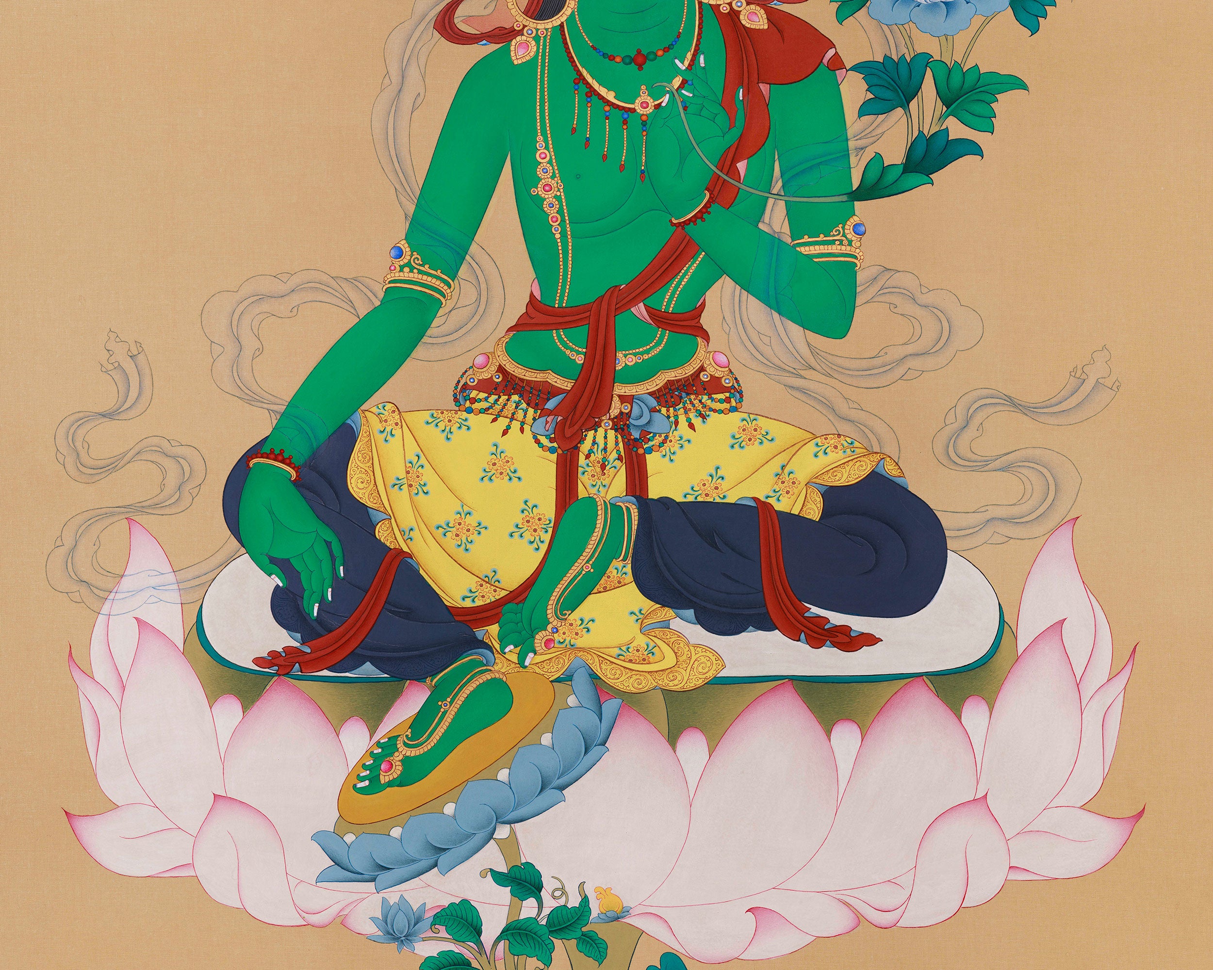 Exquisite Bodhisattva Green Tara Artwork | 30x40 Inch Hand-Painted Thangka of Swift Compassion