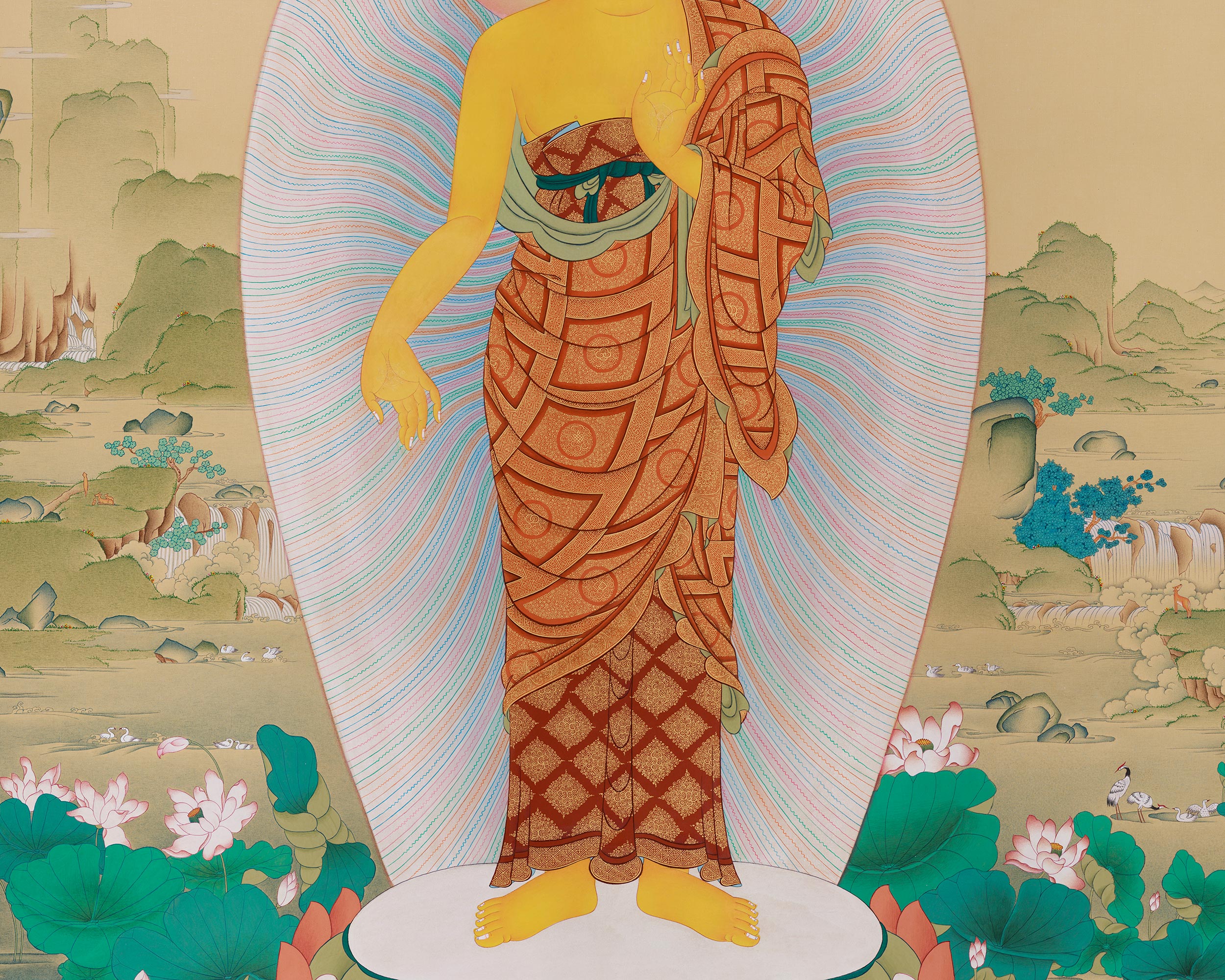 Standing Historical Buddha Shakyamuni Thangka | A Masterpiece of Serenity and Enlightenment