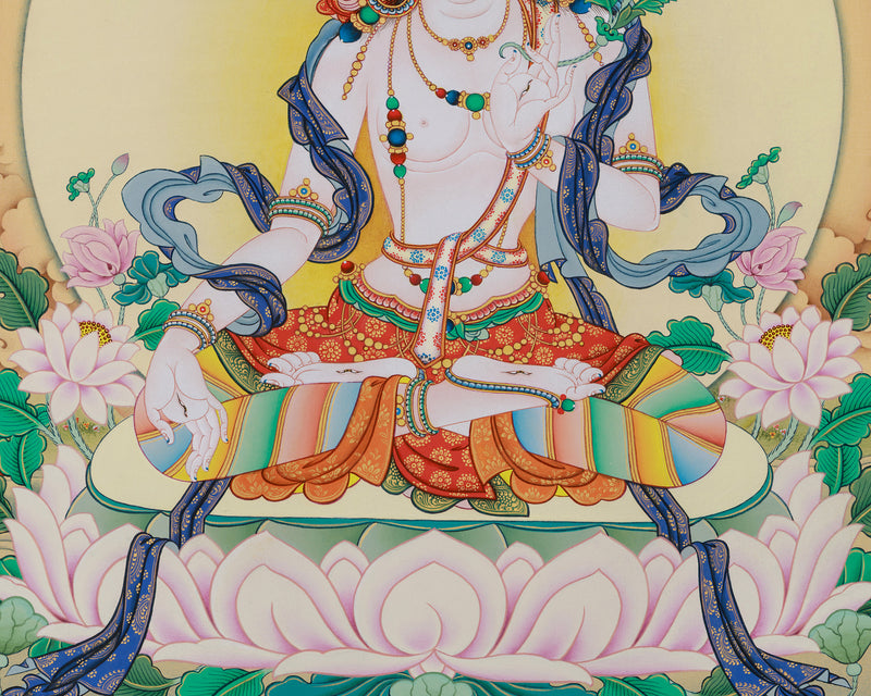 Buddhist White Tara Thangka Print on Canvas | Sacred Art of Compassion and Healing