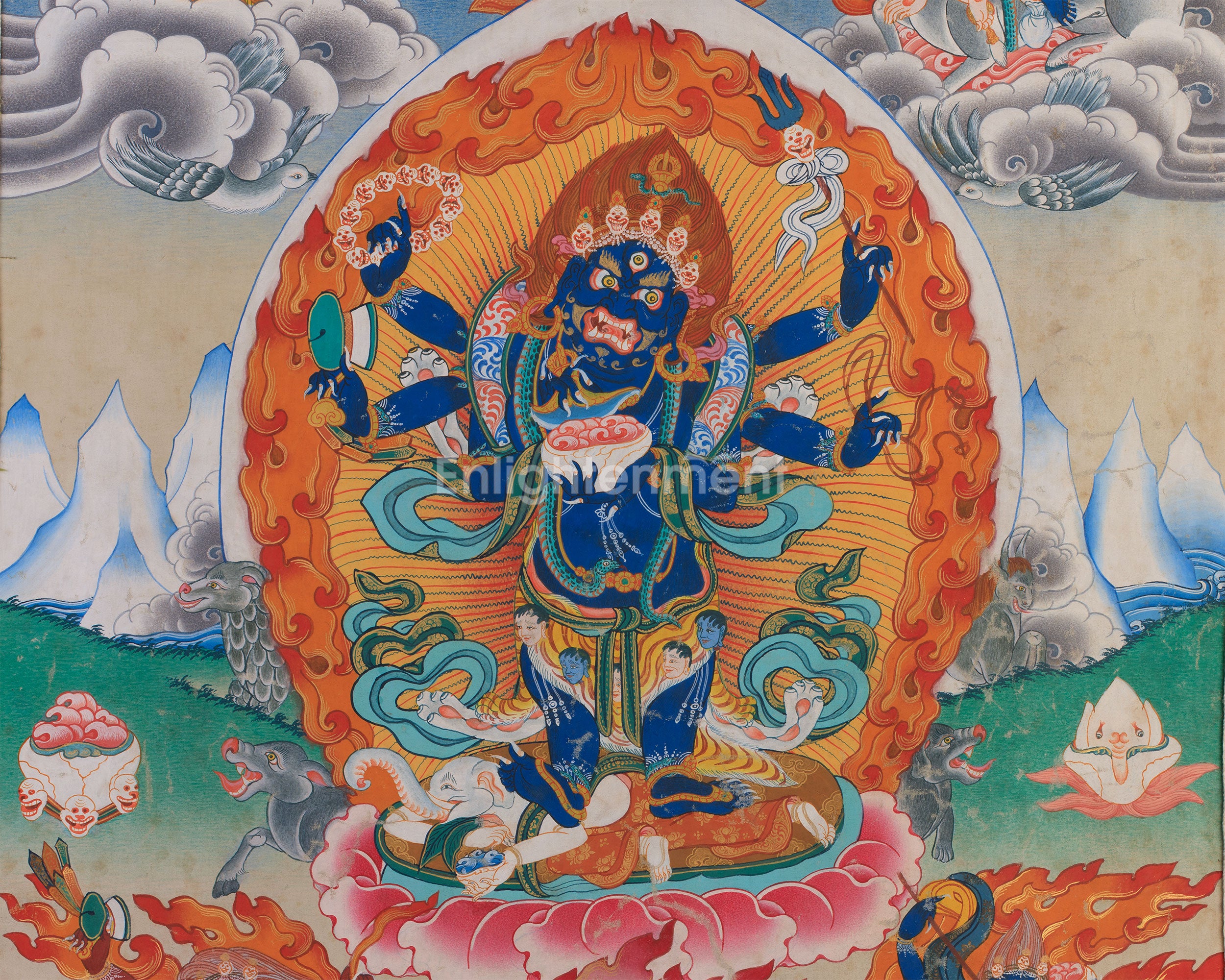 Six-Arms Mahakala Thangka With Brocade | Tibetan Protector Deity for Powerful Protection