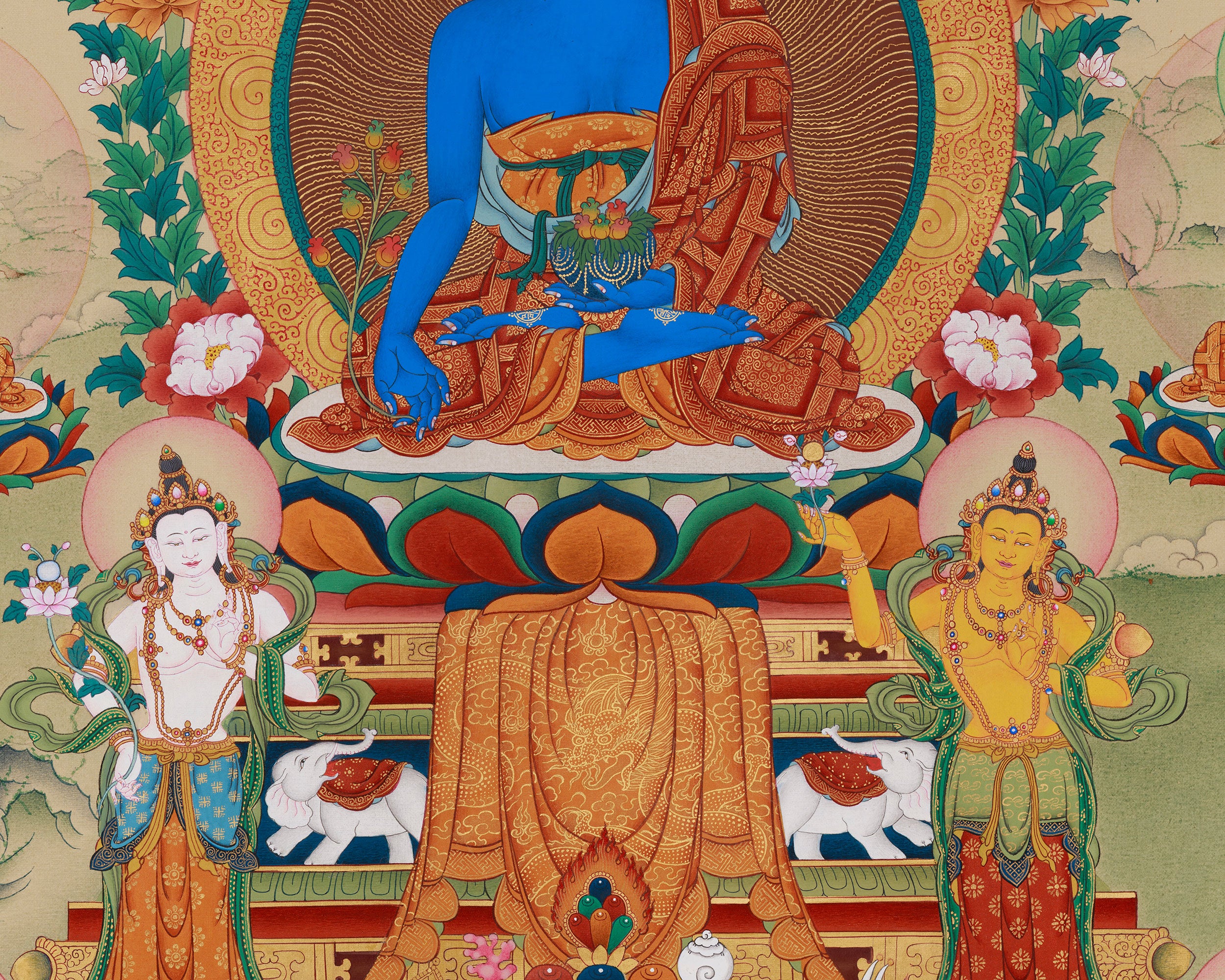 8 Medicine Buddha with Yuthok and Shanglon Dorje Dudul Thangka | Bhaisajyaguru Artwork