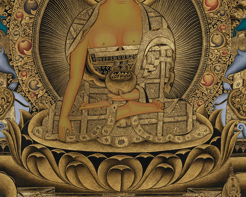 Enthroned Shakyamuni Buddha Gold Thangka | The Awakened One | The Supreme Teacher