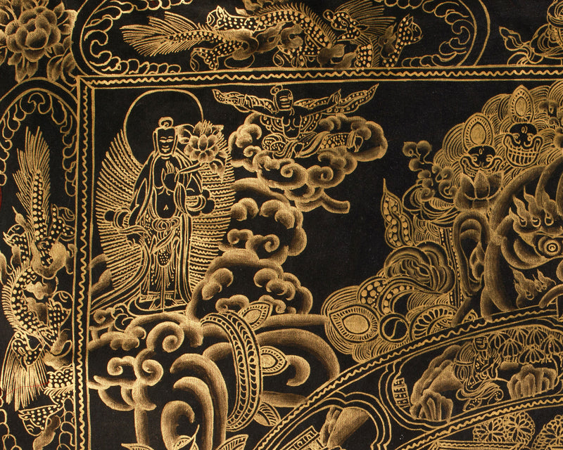 The Wheel of Life (Bhavacakra) Thangka | Fully Gold Embellished on Black Canvas, Brocade Mounted | Tibetan Masterpiece of Samsara